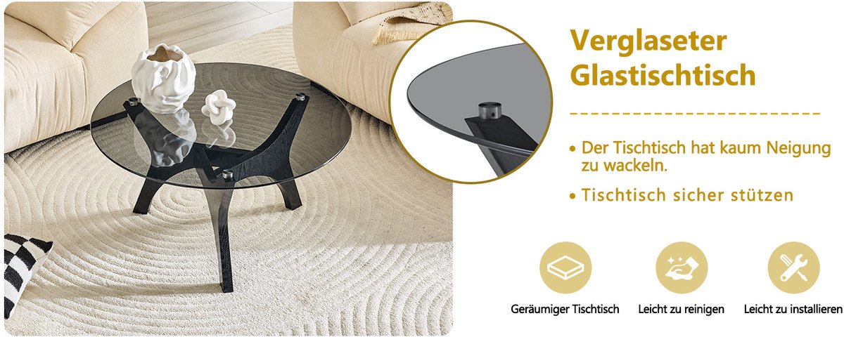 COVREO Salontafel 80 cm zwart, glasblad en MDF frame met ronde vorm
