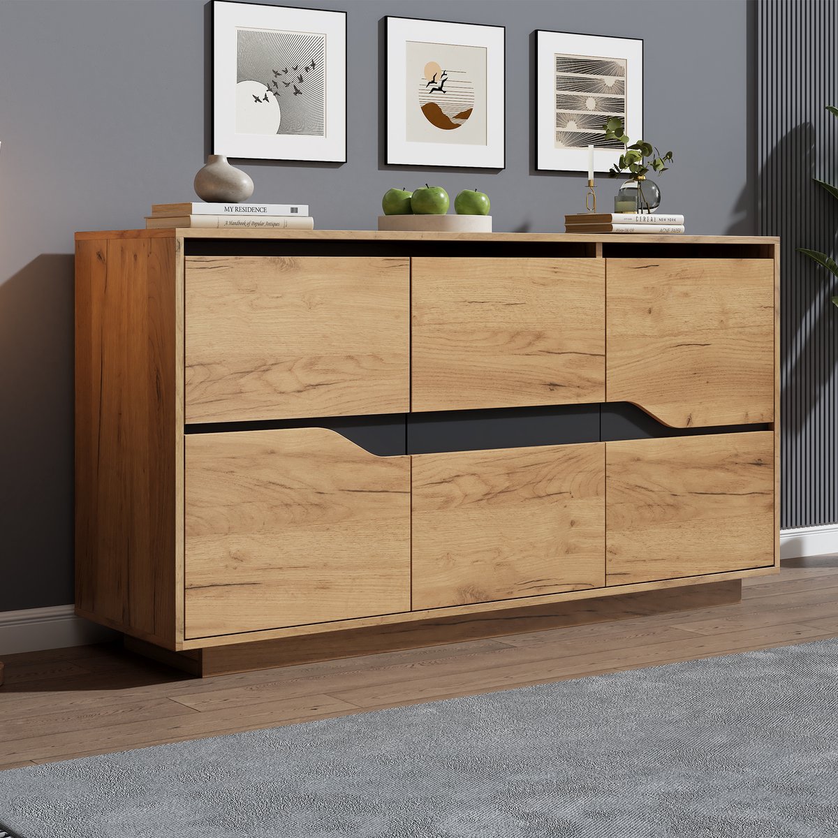 DESMIU Dressoir Modern Met 3 Deuren En Verstelbare Vakverdeling Voor Woonkamer En Eetkamer Van Spaanplaat 140x40x70 Cm Oak Zwart
