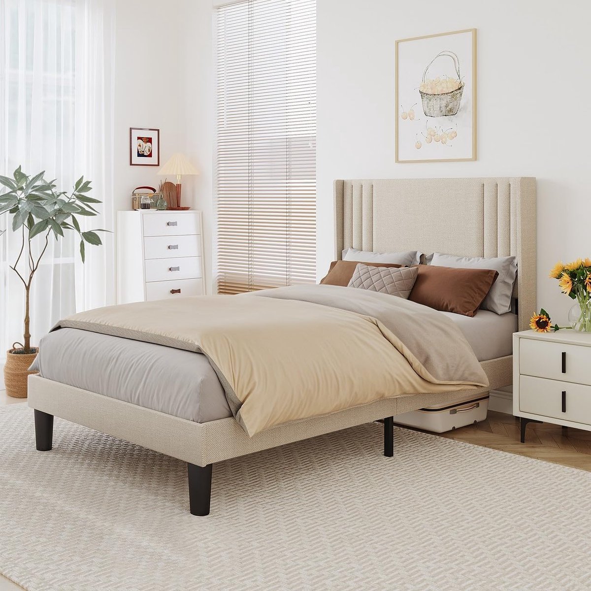 Luxe Gestoffeerd Twijfelaar Bed (120x200cm) met Opbergruimte en Modern Hoofdbord