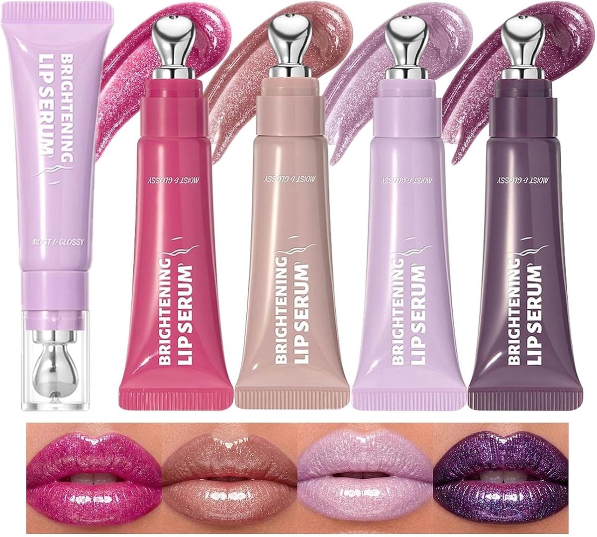 Set van 4 hydraterend, oplichtend lipserum, getinte lipglossset voor hoogglanzende glasafwerking, langdurige vloeibare - ShopVlot