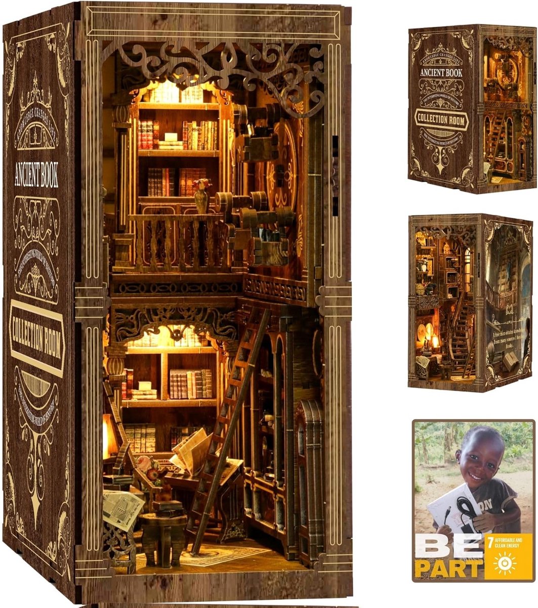 Book Nook Library Old Books, 3D Wooden Building Kit with LED Lamps for Bookcase Decoration, Gift Idea for Adults and - ShopVlot