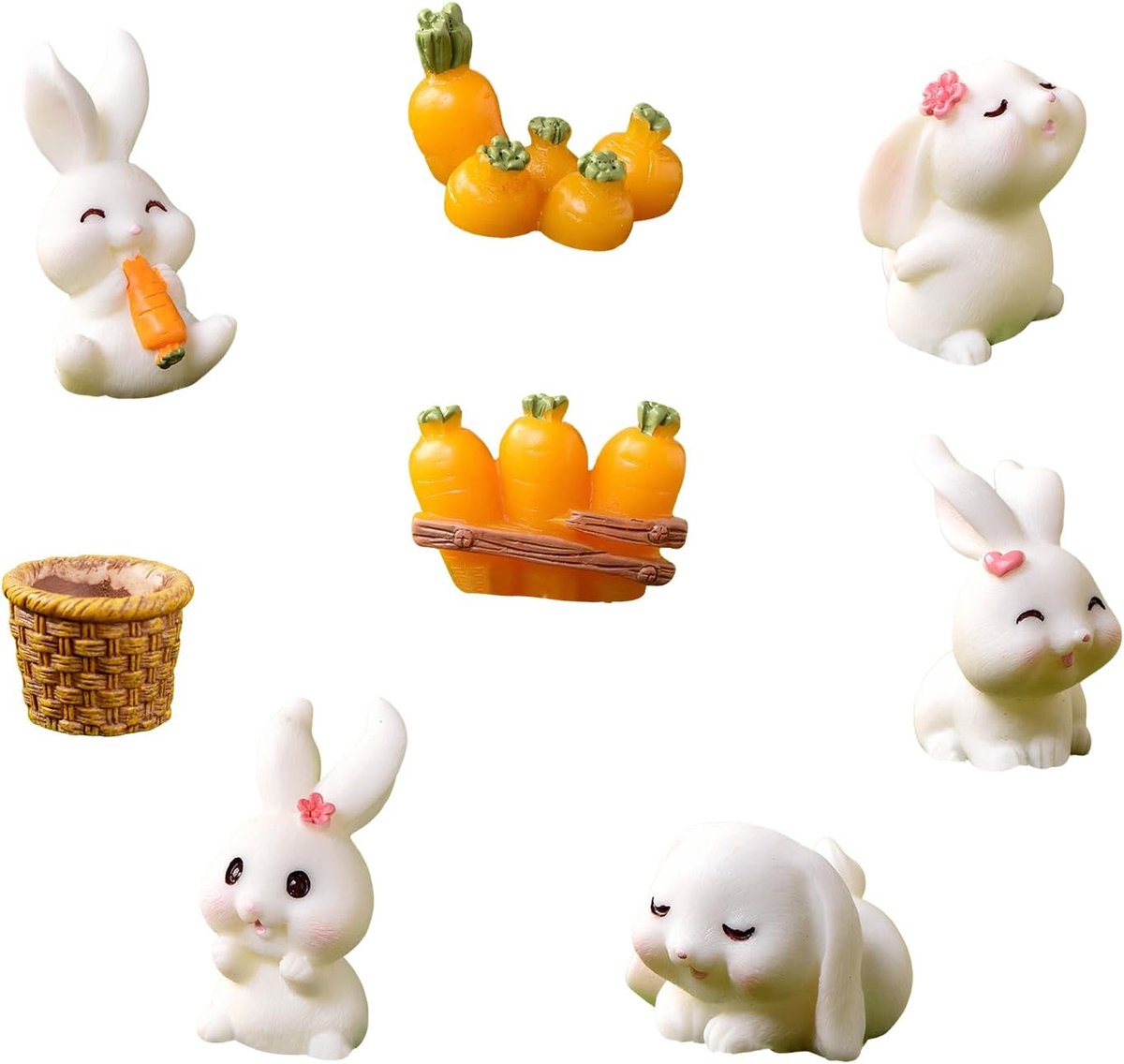 8 stuks paasdecoratie, tuinfiguren, 5 hazen, 2 wortels en 1 mandje van robuuste hars, weerbestendige decoratie voor - ShopVlot