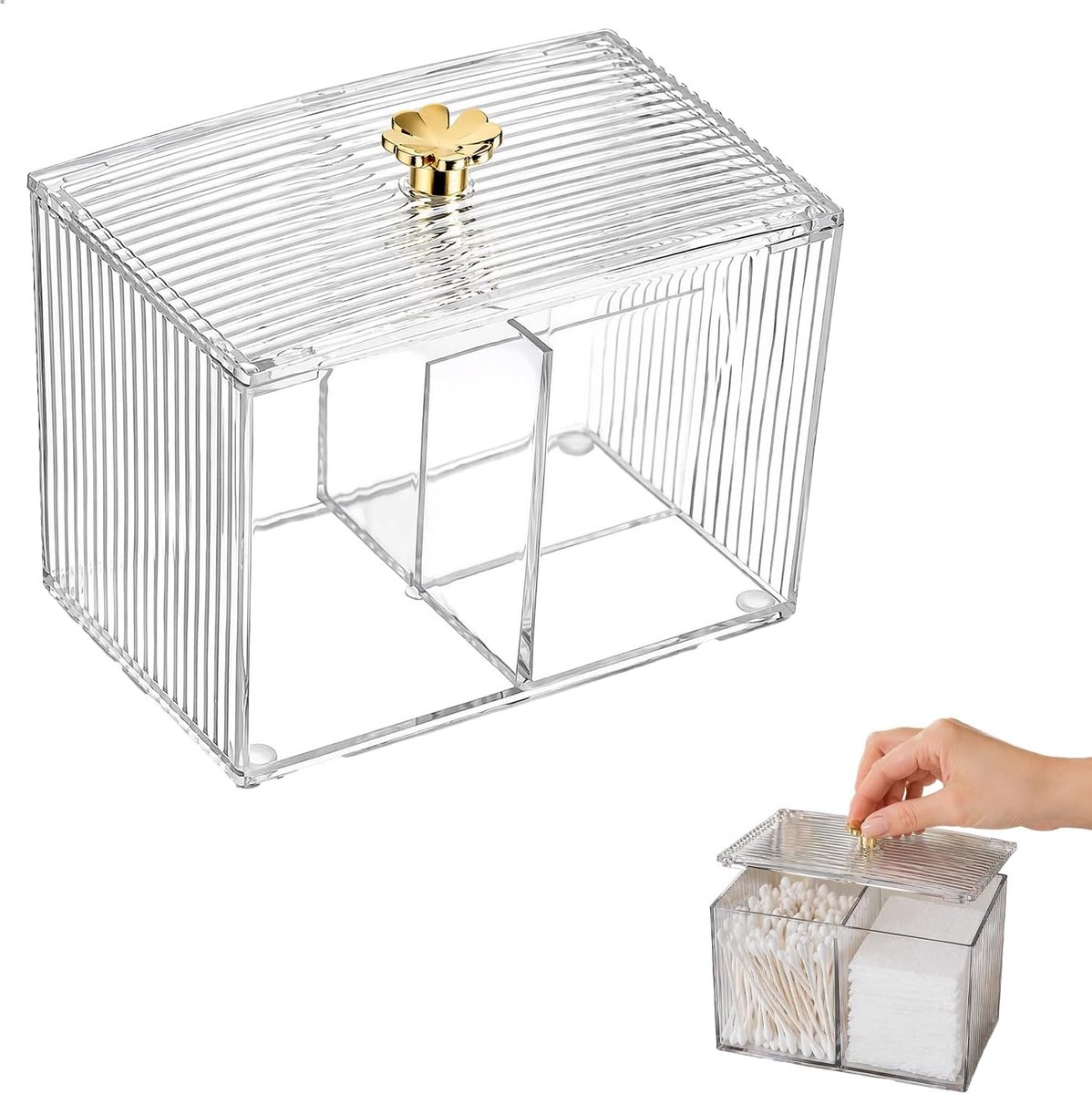Opslag van wattenpads, wattenstaafjesdispenser, wattenstaafjesdispenser, transparant met gouden wattenstaafjeshouder - ShopVlot
