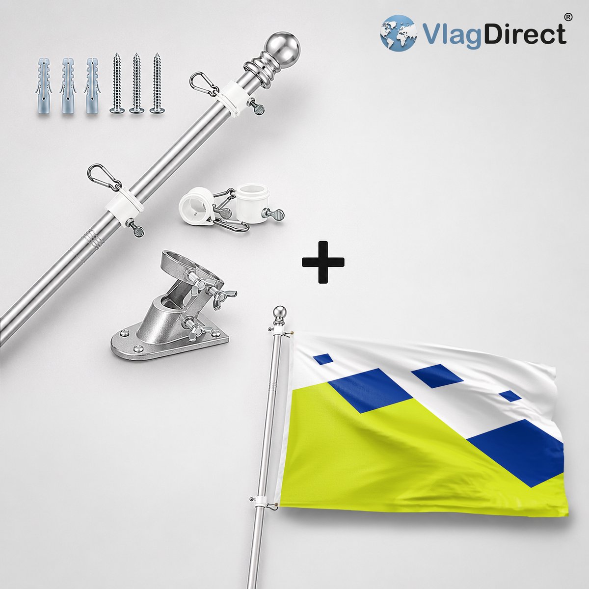 VlagDirect - Compleet vlaggenpakket - Zilveren vlaggenstok inclusief vlaggenstokhouder + Twenterand vlag - Gemeente Twenterand vlag - 90 x 150 cm.