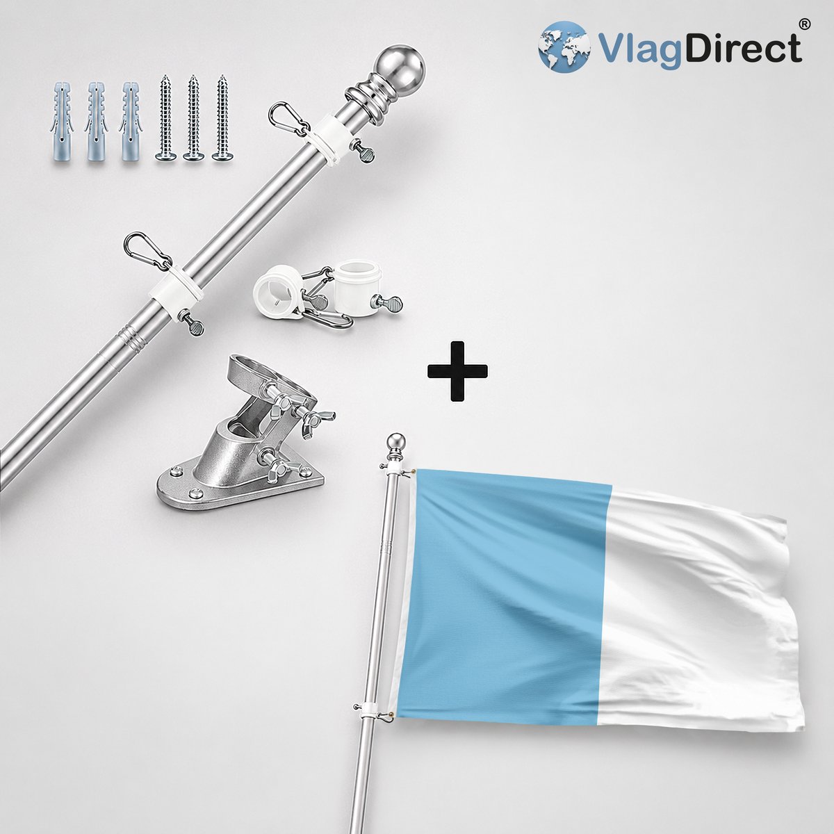 VlagDirect - Compleet vlaggenpakket - Zilveren vlaggenstok inclusief vlaggenstokhouder + Watermaal-Bosvoordse vlag - Gemeente Watermaal-Bosvoorde vlag - 90 x 150 cm.