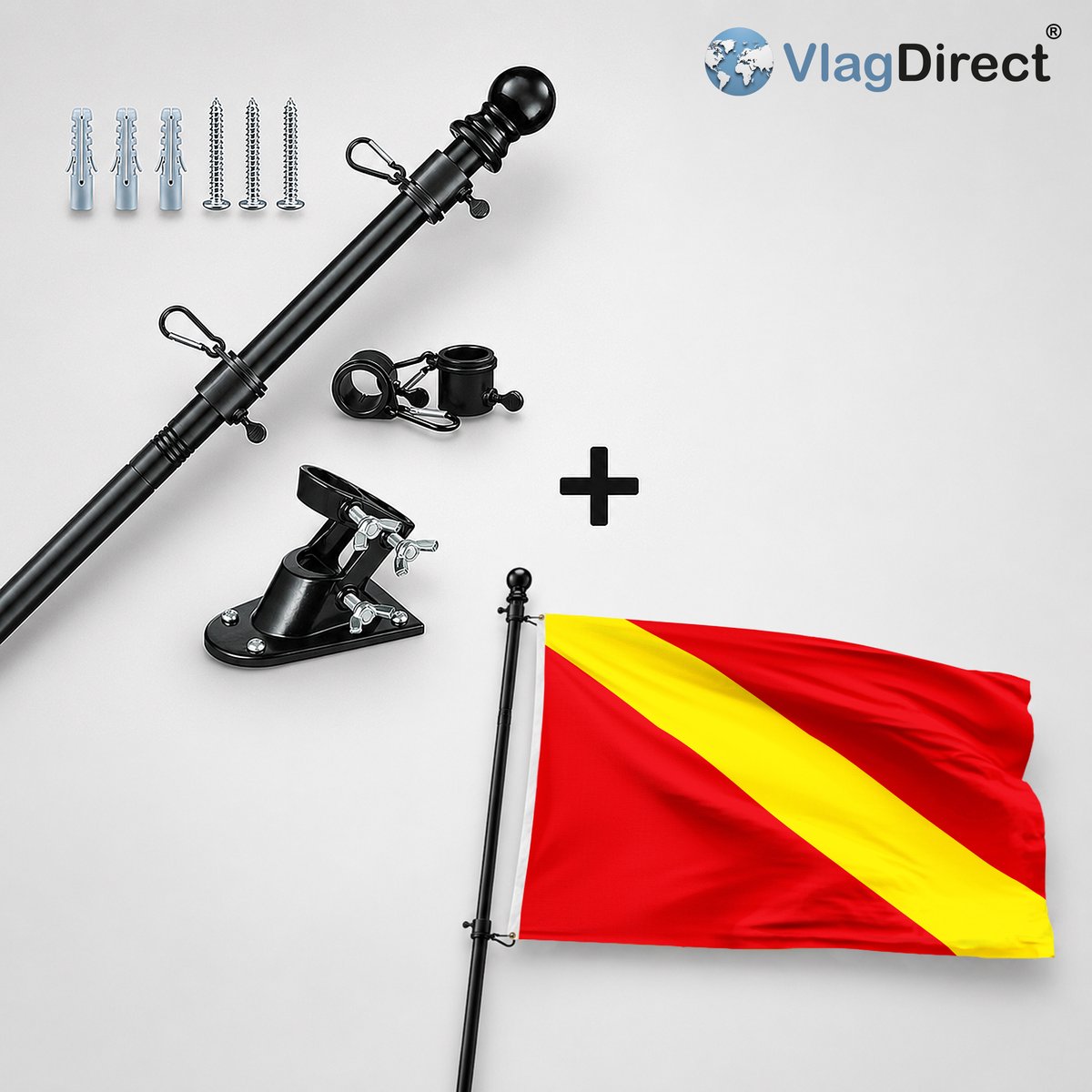 VlagDirect - Compleet vlaggenpakket - Zwarte vlaggenstok inclusief vlaggenstokhouder + Gemeente Boussu vlag - 90 x 150 cm.