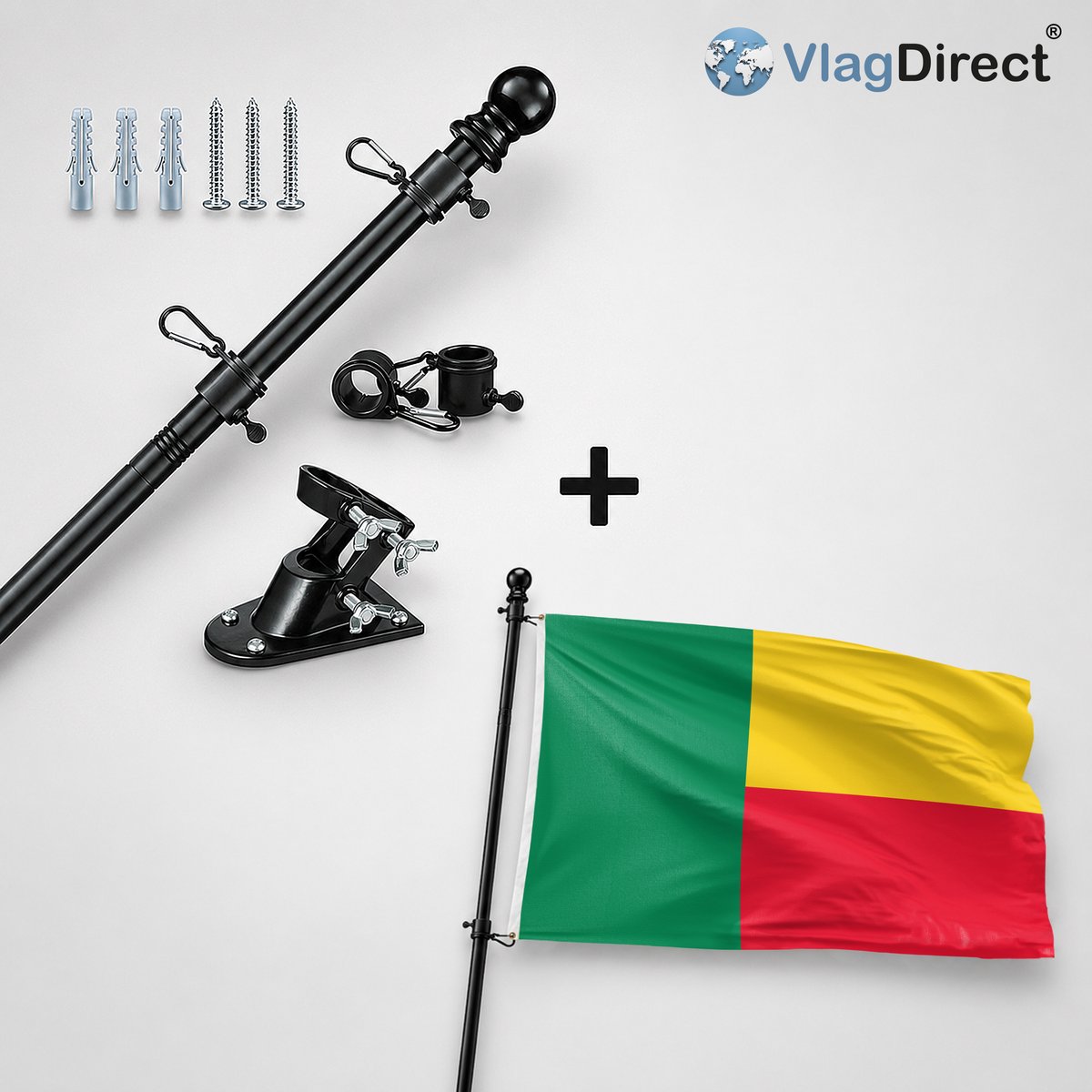 VlagDirect - Compleet vlaggenpakket - Zwarte vlaggenstok inclusief vlaggenstokhouder + Beninse vlag - Benin vlag - 90 x 150 cm.