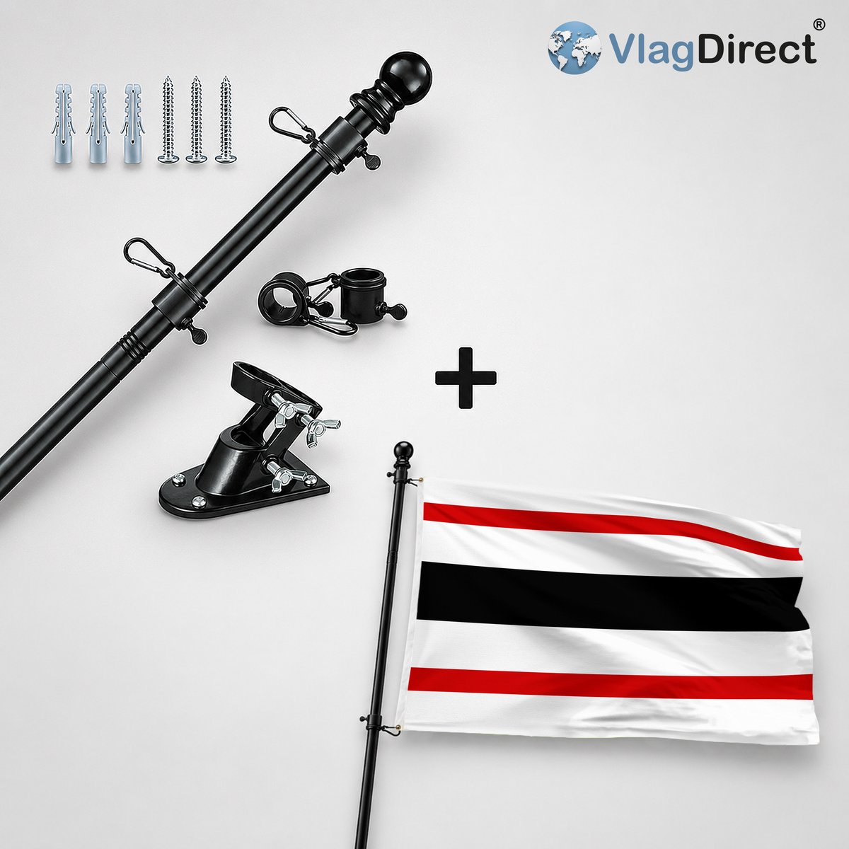 VlagDirect - Compleet vlaggenpakket - Zwarte vlaggenstok inclusief vlaggenstokhouder + Gemeente Rumes vlag - 90 x 150 cm.