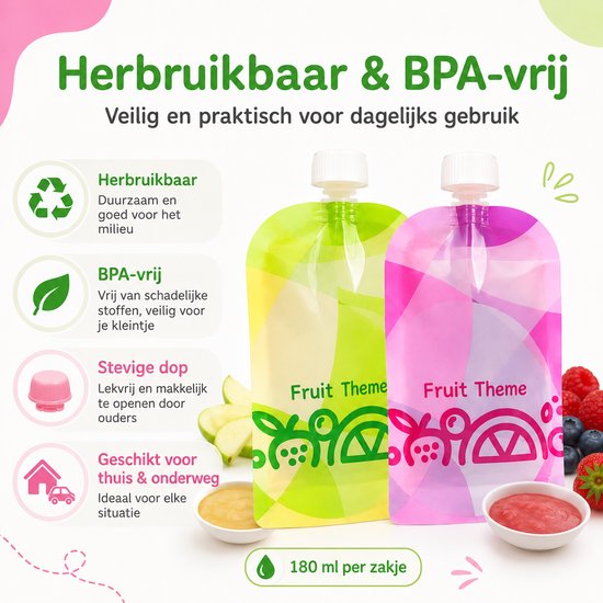Consumerce® Hervulbare Knijpzakjes - 16 Stuks - Knijpfruit en Babyvoeding Zakjes - Herbruikbaar - Knijpfruitzakjes - Baby Voeding - Babyvoeding Bewaarzakjes - Doseerdoosjes - Bewaarbakjes - Moedermelk Bewaarflesjes van Consumerce — afbeelding 2