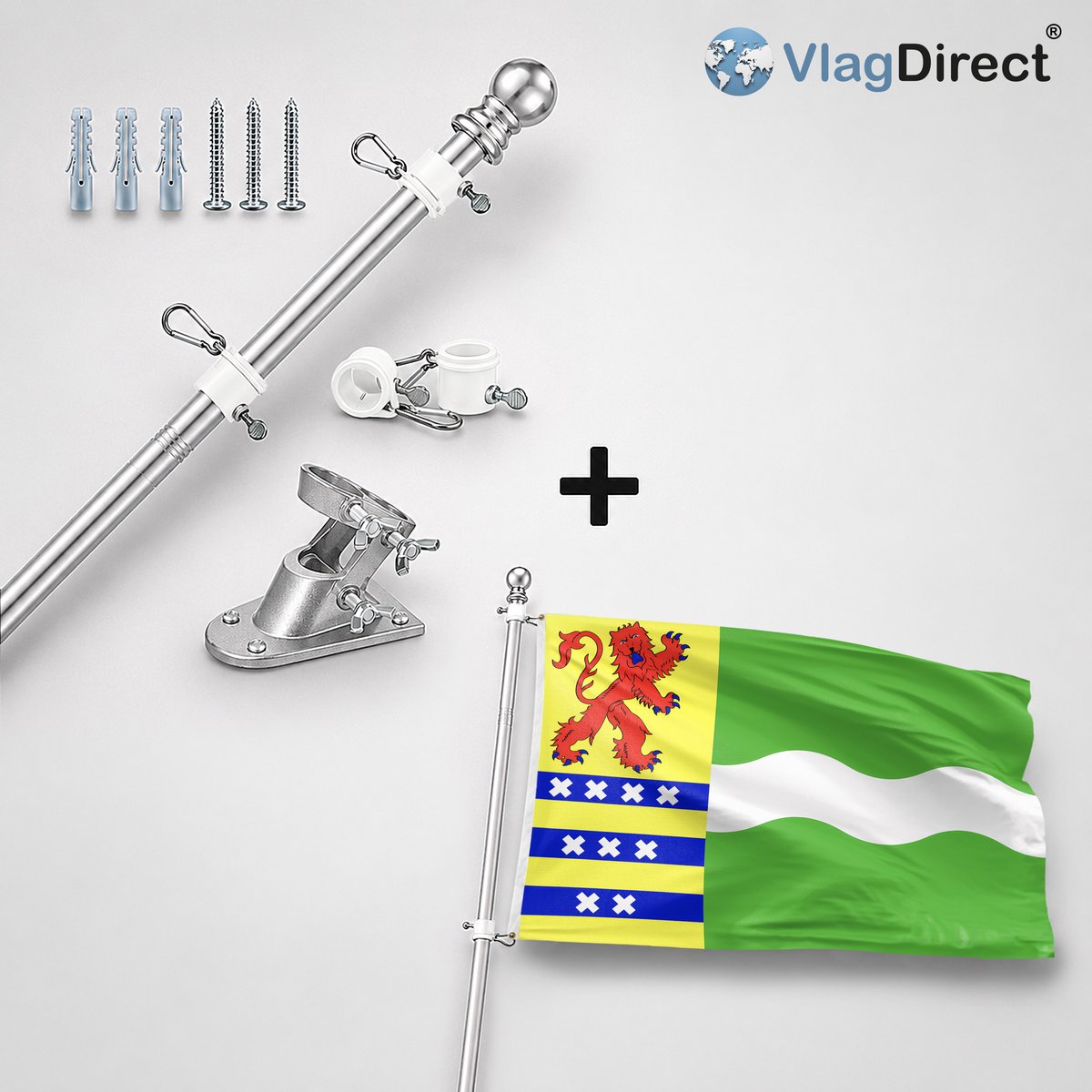 VlagDirect - Compleet vlaggenpakket - Zilveren vlaggenstok inclusief vlaggenstokhouder + Nissewaard vlag - Gemeente Nissewaard vlag - 90 x 150 cm.