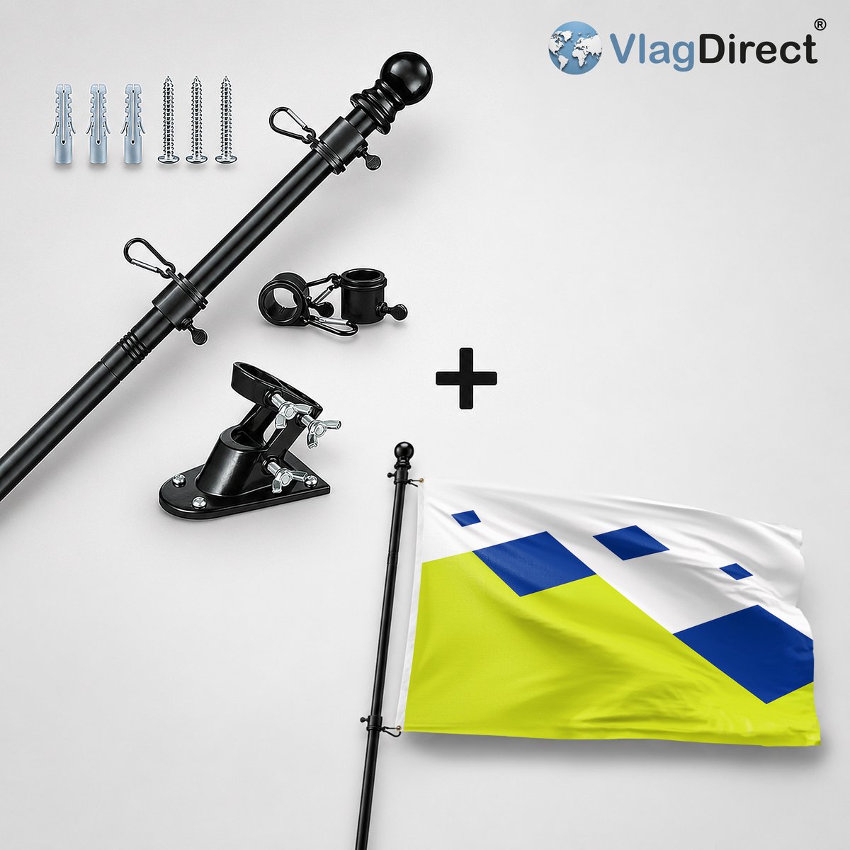 VlagDirect - Compleet vlaggenpakket - Zwarte vlaggenstok inclusief vlaggenstokhouder + Twenterand vlag - Gemeente Twenterand vlag - 90 x 150 cm.