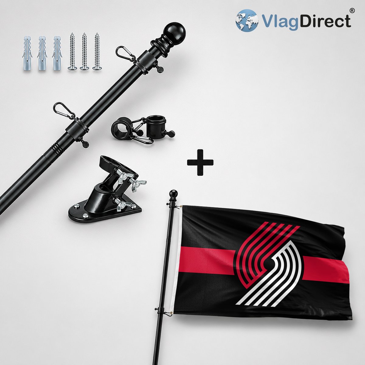 VlagDirect - Compleet vlaggenpakket - Zwarte vlaggenstok inclusief vlaggenstokhouder + Portland Trail Blazers vlag - Portland Trail Blazers basketbalteam vlag - 90 x 150 cm.