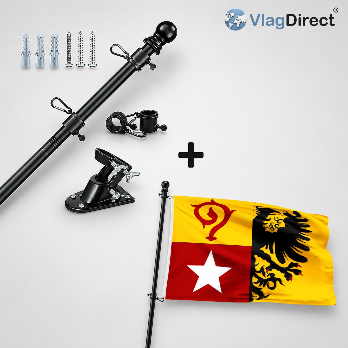 VlagDirect - Compleet vlaggenpakket - Zwarte vlaggenstok inclusief vlaggenstokhouder + Mechelse vlag - Gemeente Mechelen vlag - 90 x 150 cm.