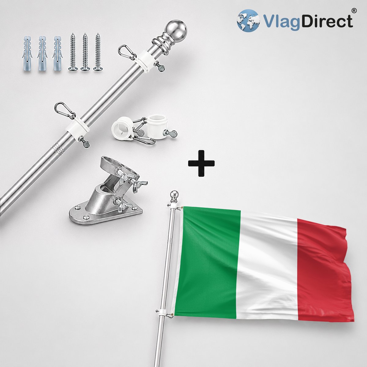VlagDirect - Compleet vlaggenpakket - Zilveren vlaggenstok inclusief vlaggenstokhouder + Italiaanse vlag - Italië vlag - 90 x 150 cm.