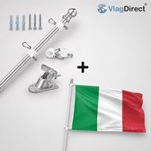Complete set met een zilveren vlaggenstok, muurbevestiging, schroeven, pluggen en een Italiaanse vlag (90x150cm).