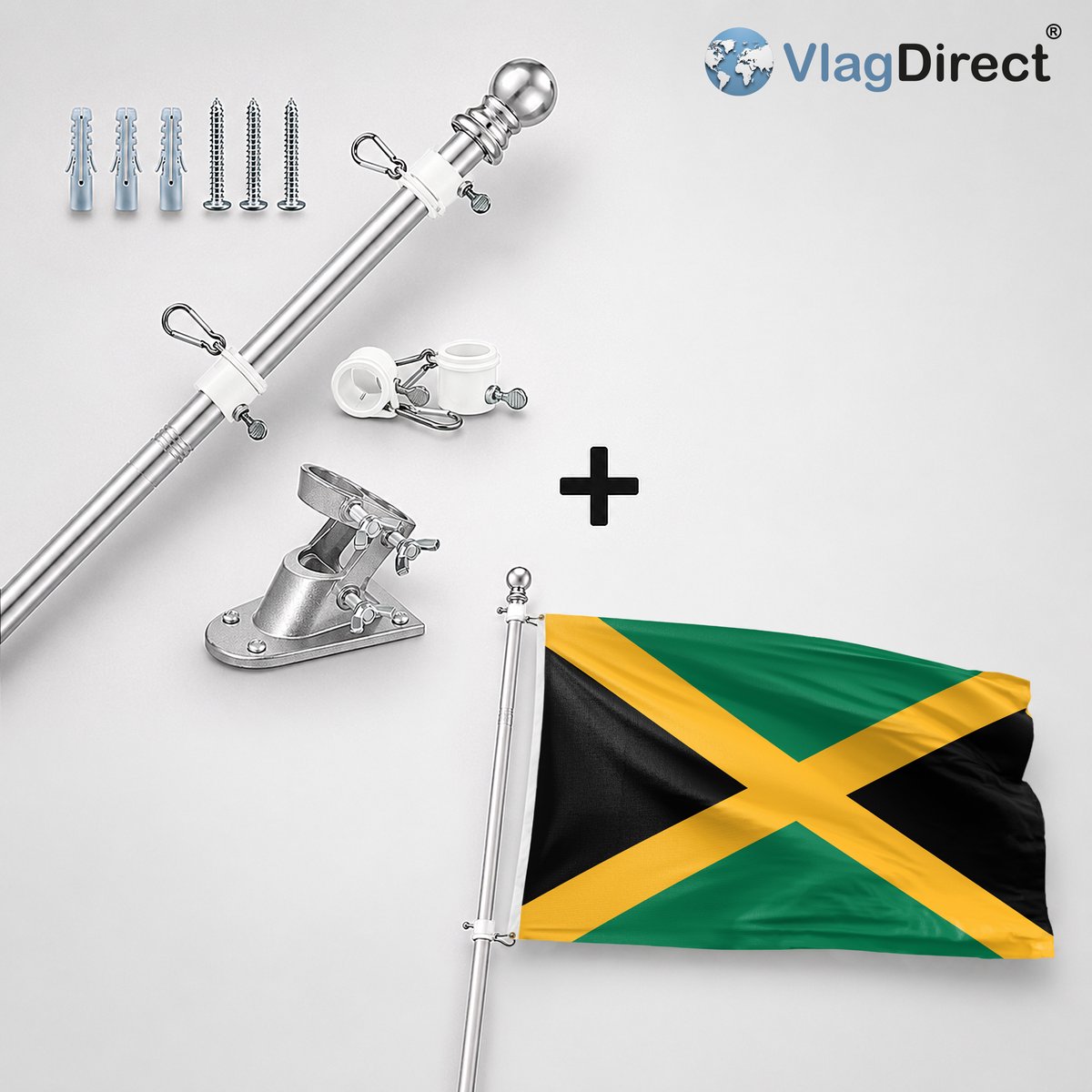 VlagDirect - Compleet vlaggenpakket - Zilveren vlaggenstok inclusief vlaggenstokhouder + Jamaicaanse vlag - Jamaica vlag - 90 x 150 cm.