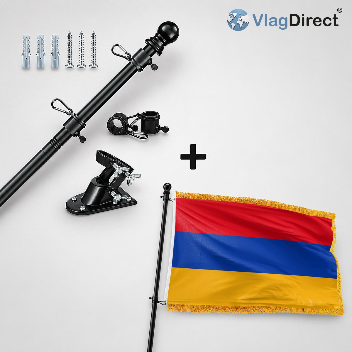 VlagDirect - Compleet vlaggenpakket - Zwarte vlaggenstok inclusief vlaggenstokhouder + Luxe Armeense vlag - Luxe Armenië vlag - 90 x 150 cm.