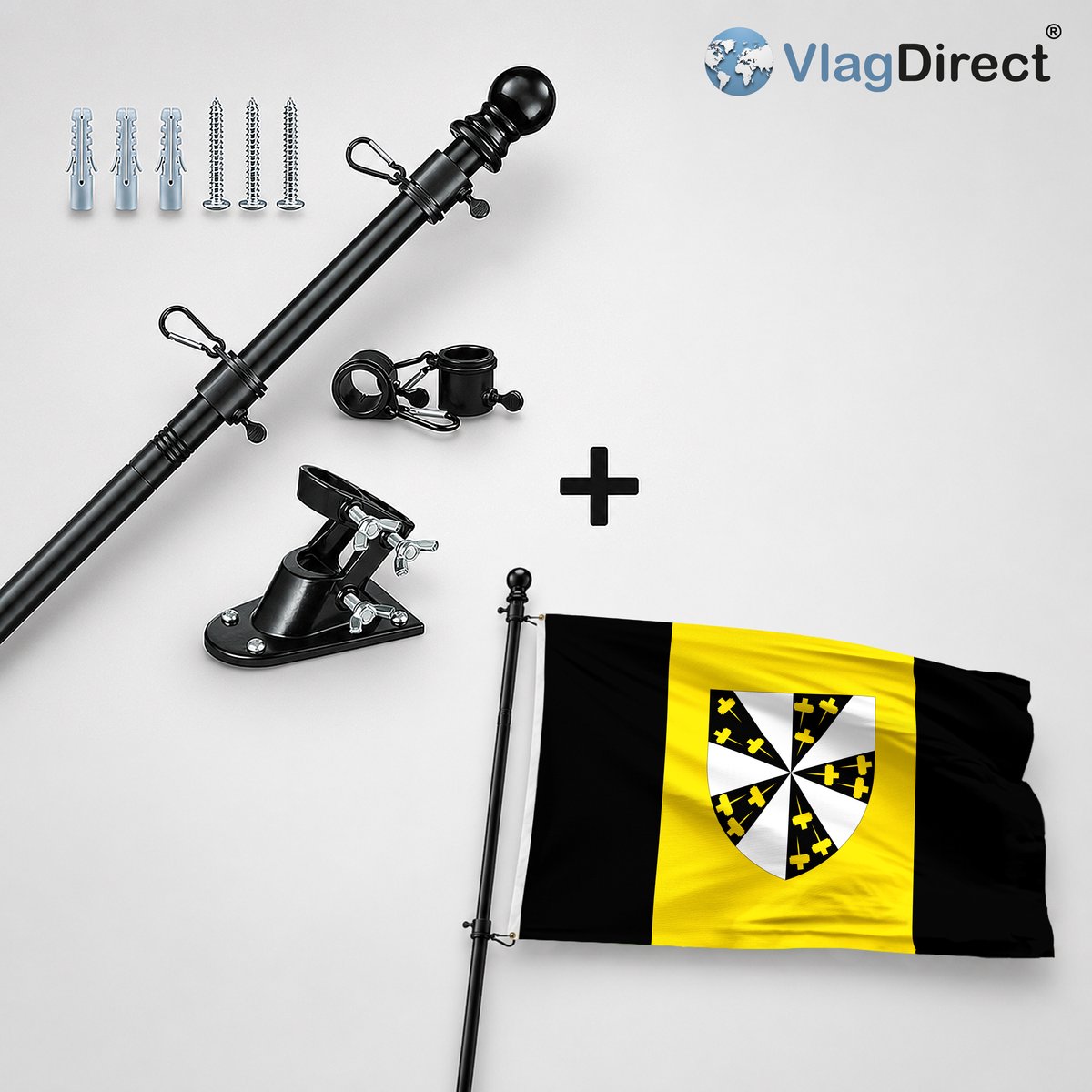 VlagDirect - Compleet vlaggenpakket - Zwarte vlaggenstok inclusief vlaggenstokhouder + Pepingse vlag - Gemeente Pepingen vlag - 90 x 150 cm.