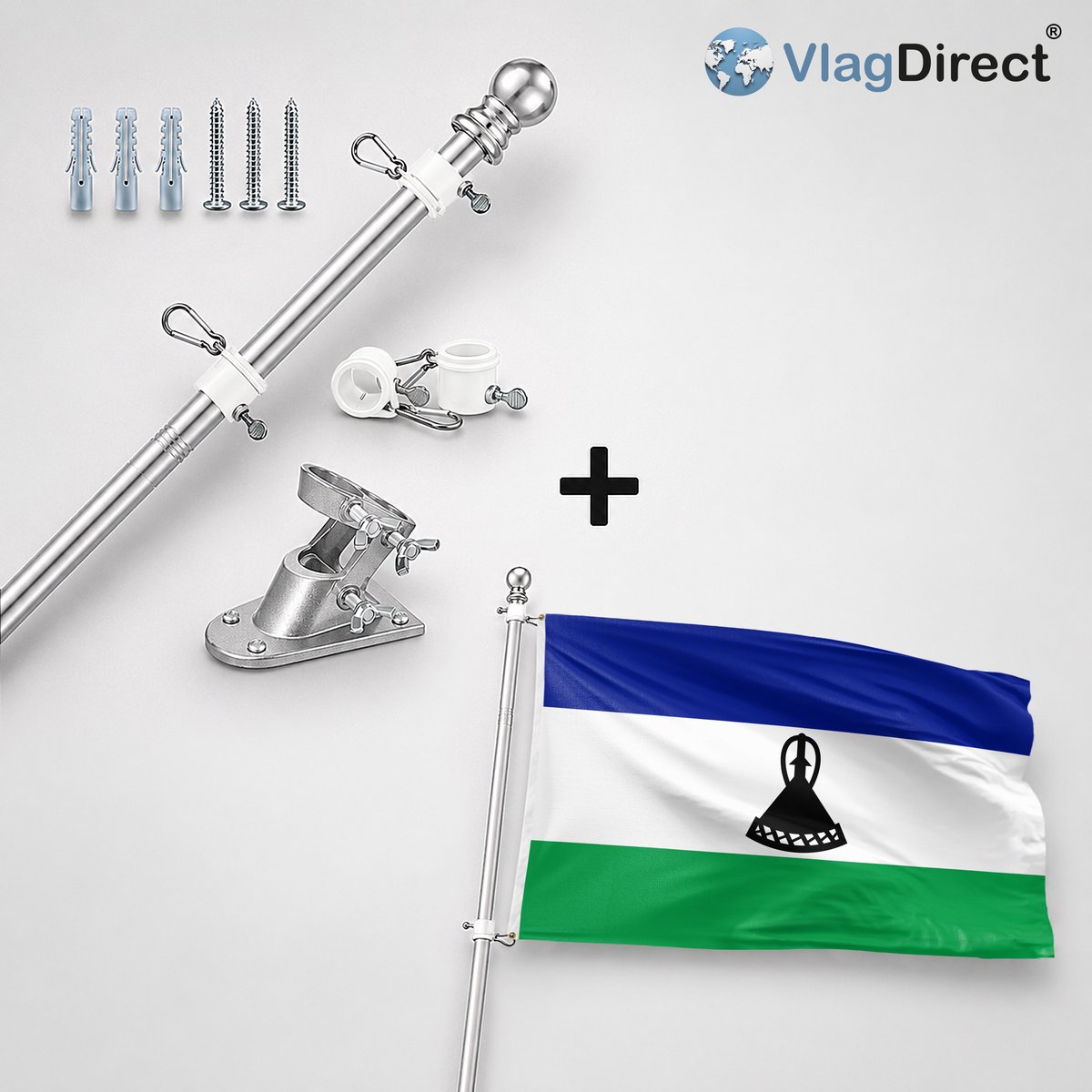 VlagDirect - Compleet vlaggenpakket - Zilveren vlaggenstok inclusief vlaggenstokhouder + Lesothaanse vlag - Lesotho vlag - 90 x 150 cm