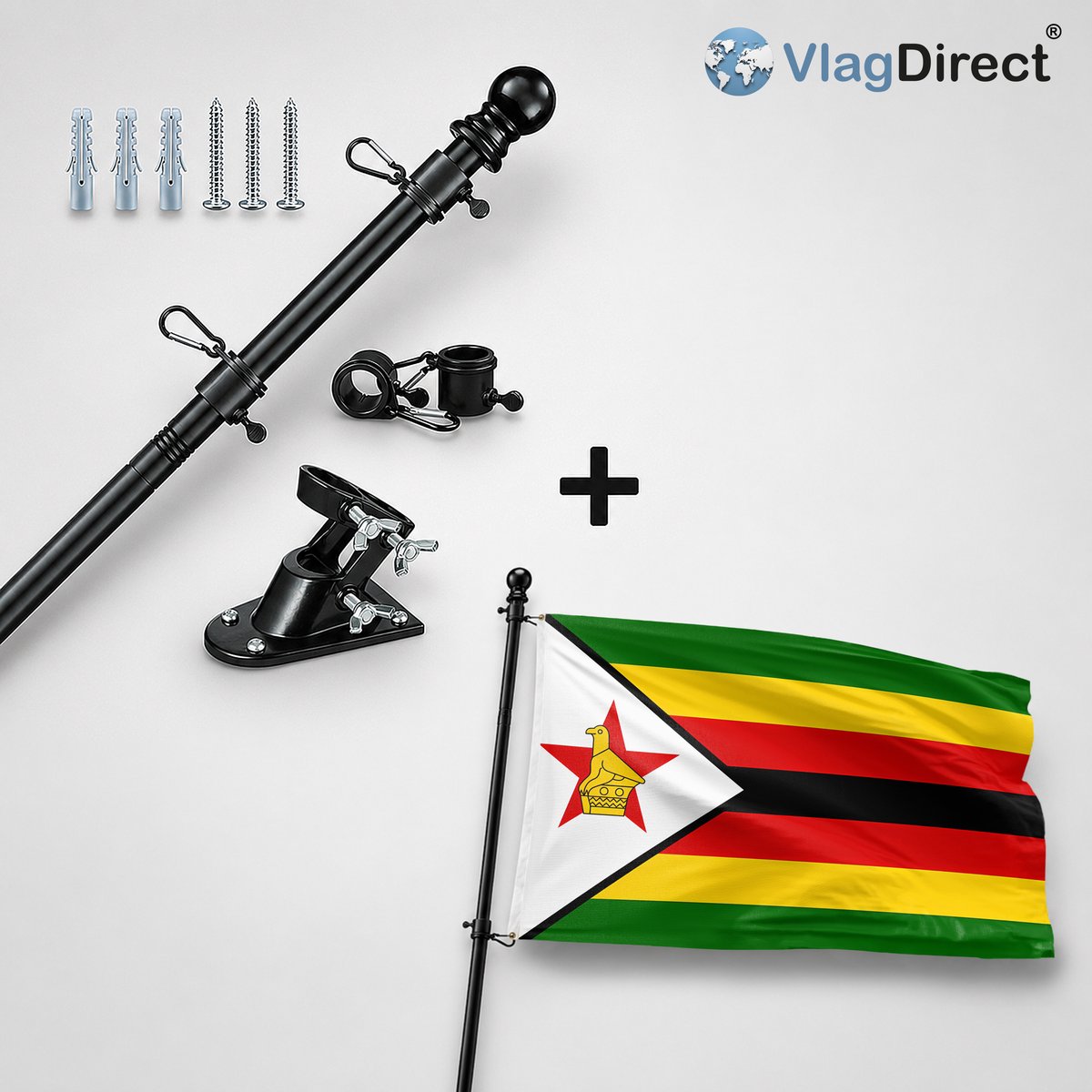 VlagDirect - Compleet vlaggenpakket - Zwarte vlaggenstok inclusief vlaggenstokhouder + Zimbabwaanse vlag - Zimbabwe vlag - 90 x 150 cm
