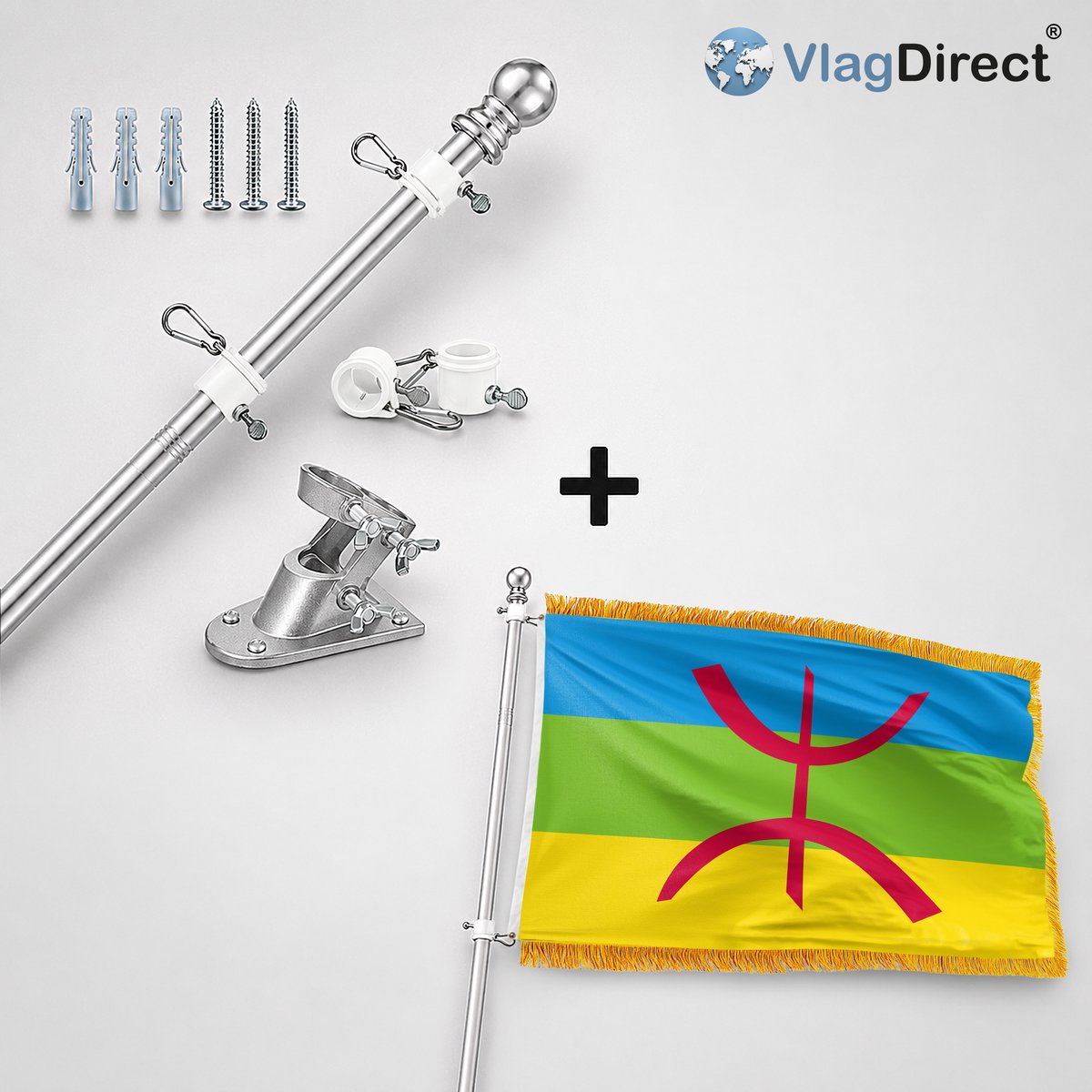 VlagDirect - Compleet vlaggenpakket - Zilveren vlaggenstok inclusief vlaggenstokhouder + Luxe Berberse vlag - Luxe Berber vlag - Luxe Amazigh vlag - 90 x 150 cm.