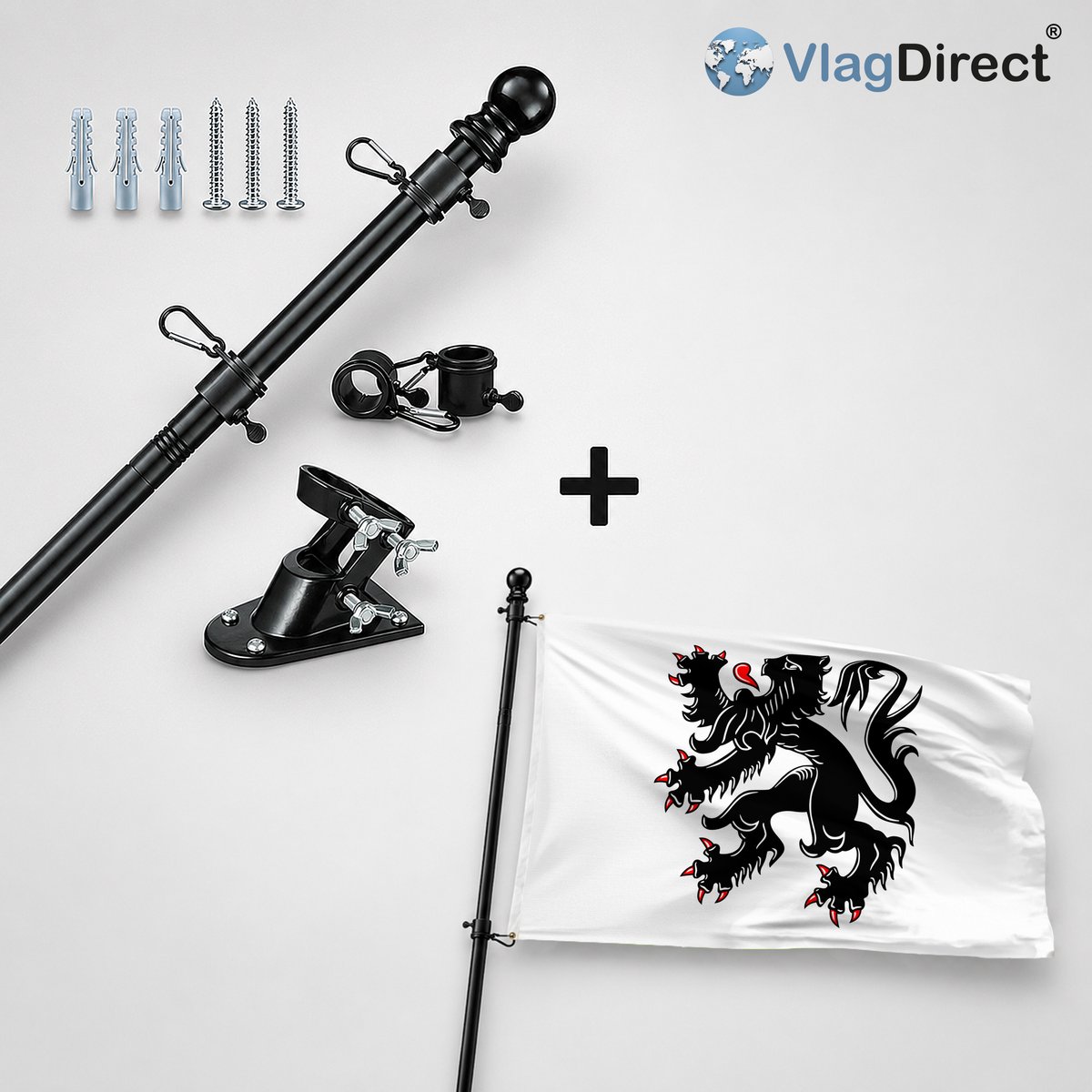 VlagDirect - Compleet vlaggenpakket - Zwarte vlaggenstok inclusief vlaggenstokhouder + Edegemse vlag - Gemeente Edegem vlag - 90 x 150 cm.