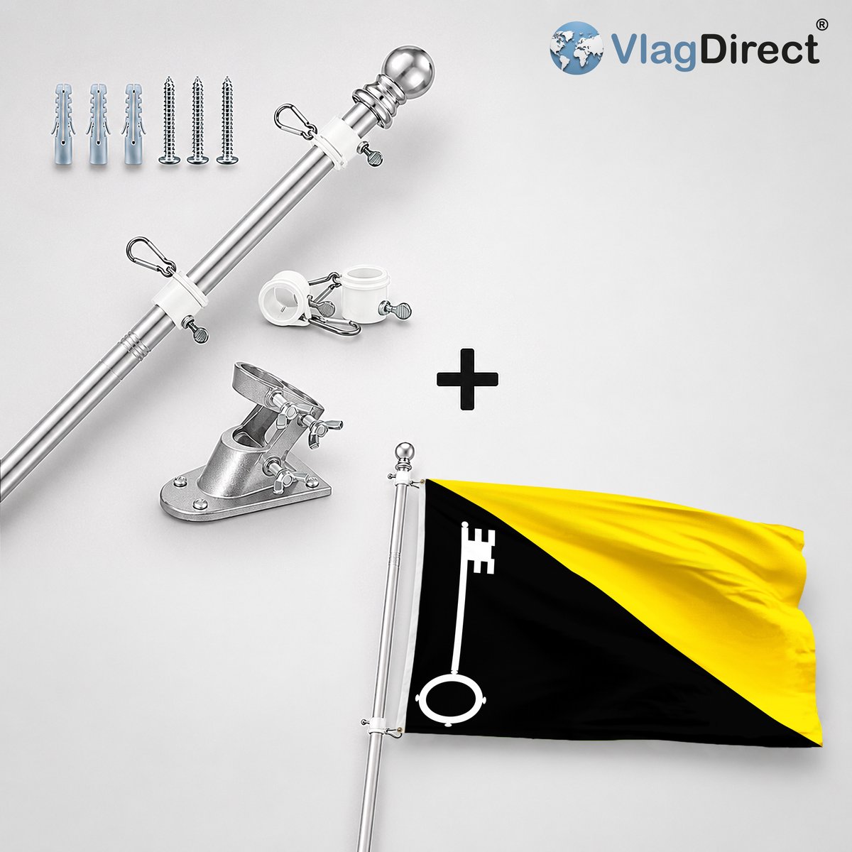 VlagDirect - Compleet vlaggenpakket - Zilveren vlaggenstok inclusief vlaggenstokhouder + Gemeente Incourt vlag - 90 x 150 cm.