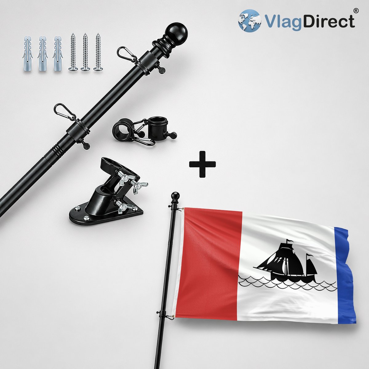 VlagDirect - Compleet vlaggenpakket - Zwarte vlaggenstok inclusief vlaggenstokhouder + Pekela vlag - Gemeente Pekela vlag - 90 x 150 cm.