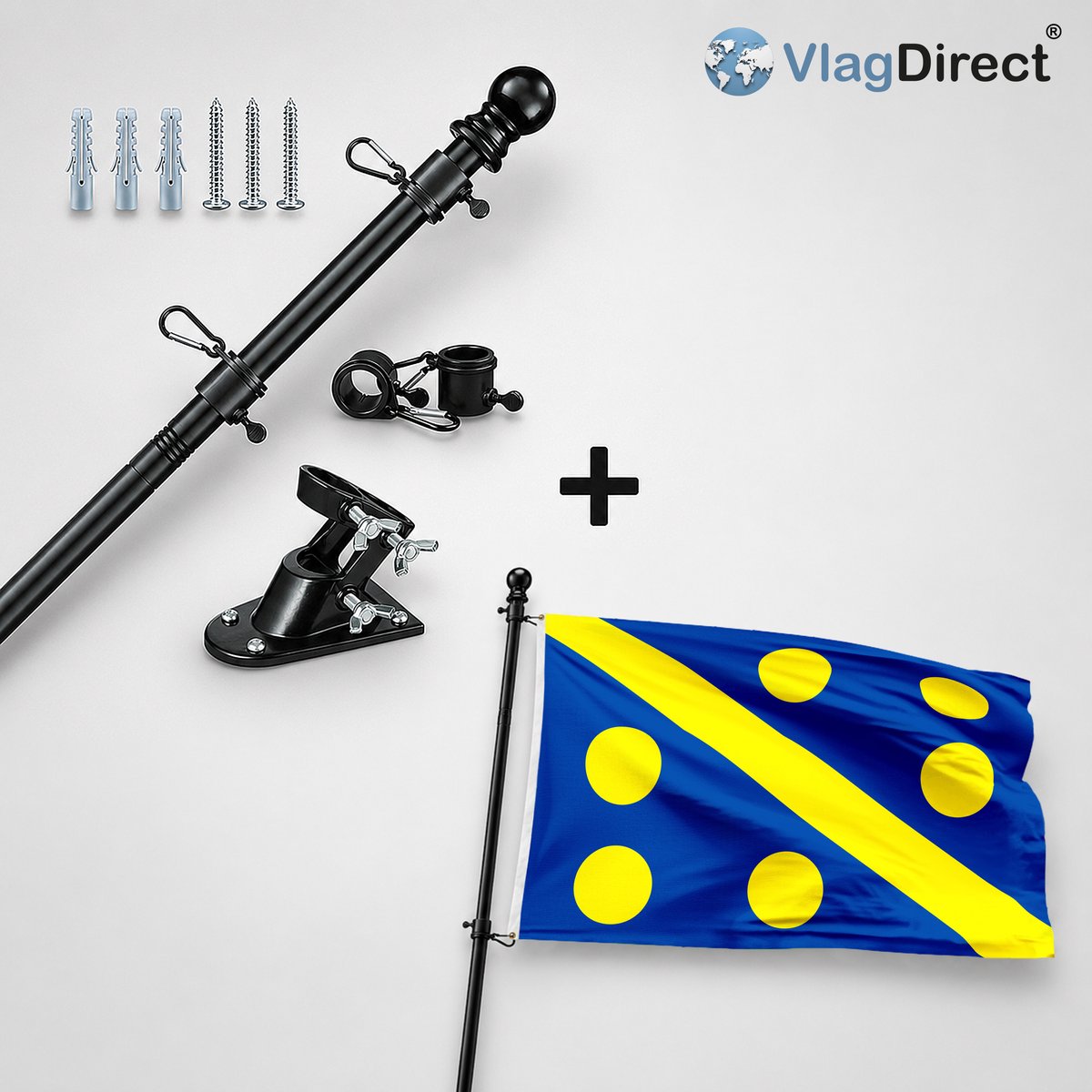 VlagDirect - Compleet vlaggenpakket - Zwarte vlaggenstok inclusief vlaggenstokhouder + Gemeente Assesse vlag - 90 x 150 cm.