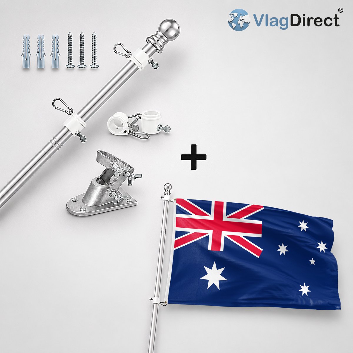 VlagDirect - Compleet vlaggenpakket - Zilveren vlaggenstok inclusief vlaggenstokhouder + Australische vlag - Australië vlag - 90 x 150 cm.
