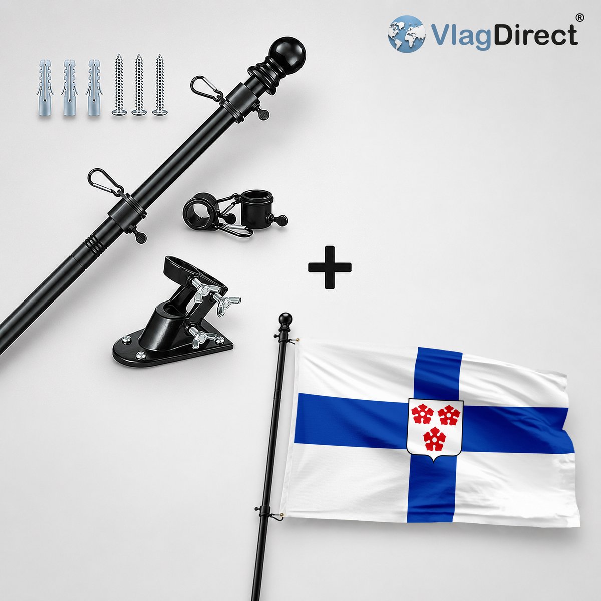VlagDirect - Compleet vlaggenpakket - Zwarte vlaggenstok inclusief vlaggenstokhouder + Wortegem-Petegemse vlag - Gemeente Wortegem-Petegem vlag - 90 x 150 cm.