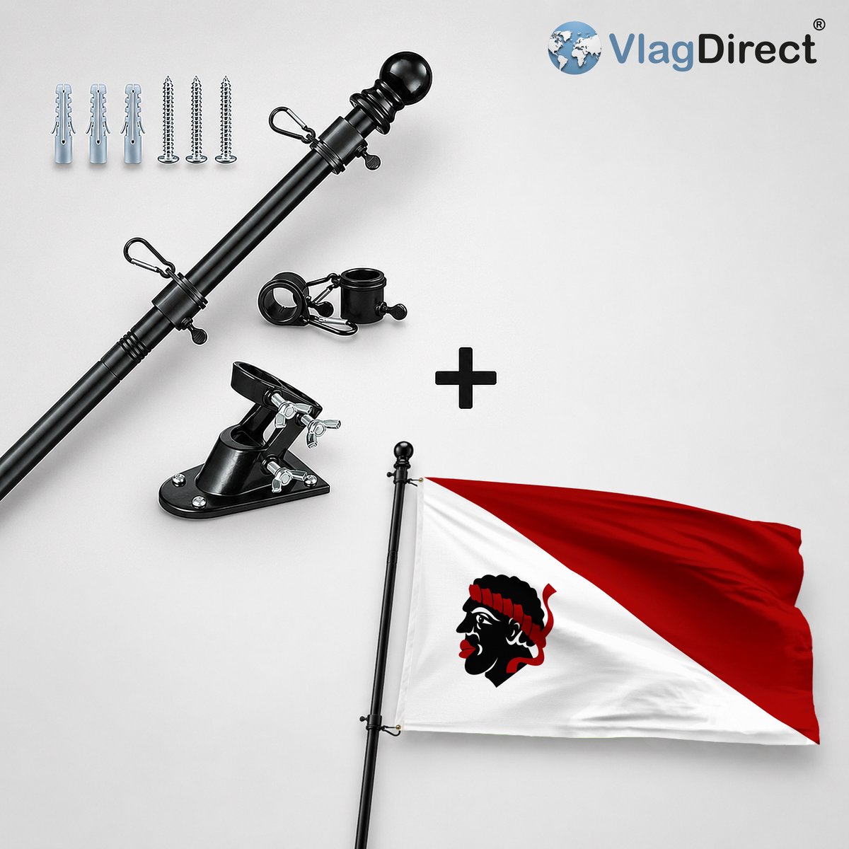 VlagDirect - Compleet vlaggenpakket - Zwarte vlaggenstok inclusief vlaggenstokhouder + Linkebeekse vlag - Gemeente Linkebeek vlag - 90 x 150 cm.
