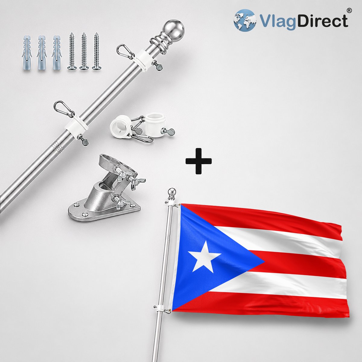 VlagDirect - Compleet vlaggenpakket - Zilveren vlaggenstok inclusief vlaggenstokhouder + Puerto Ricaanse vlag - Puerto Rico vlag - 90 x 150 cm.