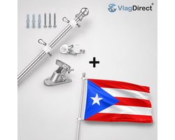 VlagDirect - Compleet vlaggenpakket - Zilveren vlaggenstok inclusief vlaggenstokhouder + Puerto Ricaanse vlag - Puerto Rico vlag - 90 x 150 cm.