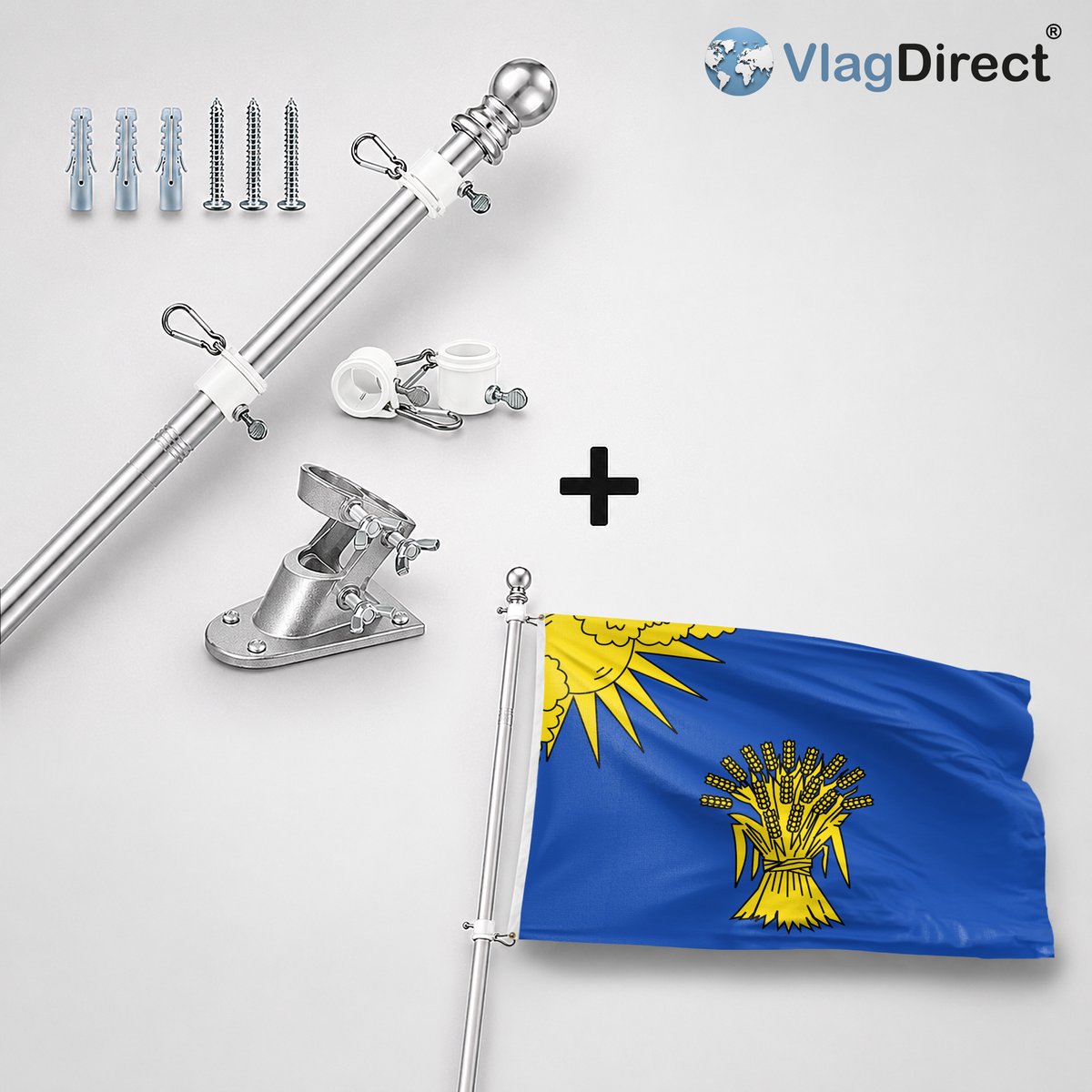 VlagDirect - Compleet vlaggenpakket - Zilveren vlaggenstok inclusief vlaggenstokhouder + Reusel-De Mierden vlag - Gemeente Reusel-De Mierden vlag - 90 x 150 cm.