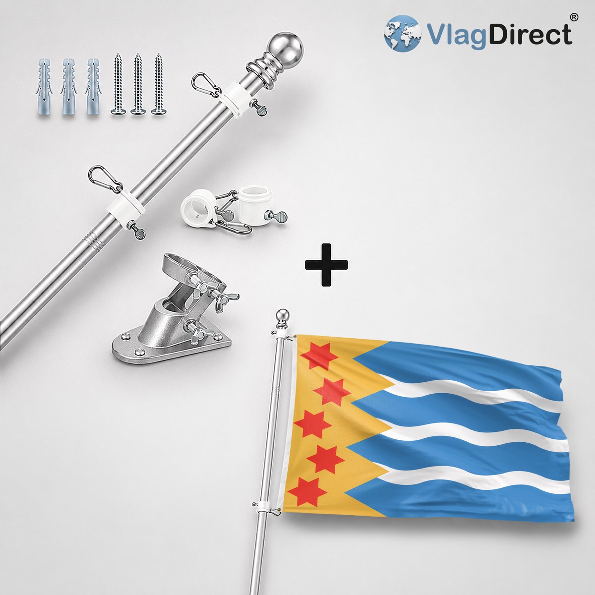 VlagDirect - Compleet vlaggenpakket - Zilveren vlaggenstok inclusief vlaggenstokhouder + Oldambt vlag - Gemeente Oldambt vlag - 90 x 150 cm.