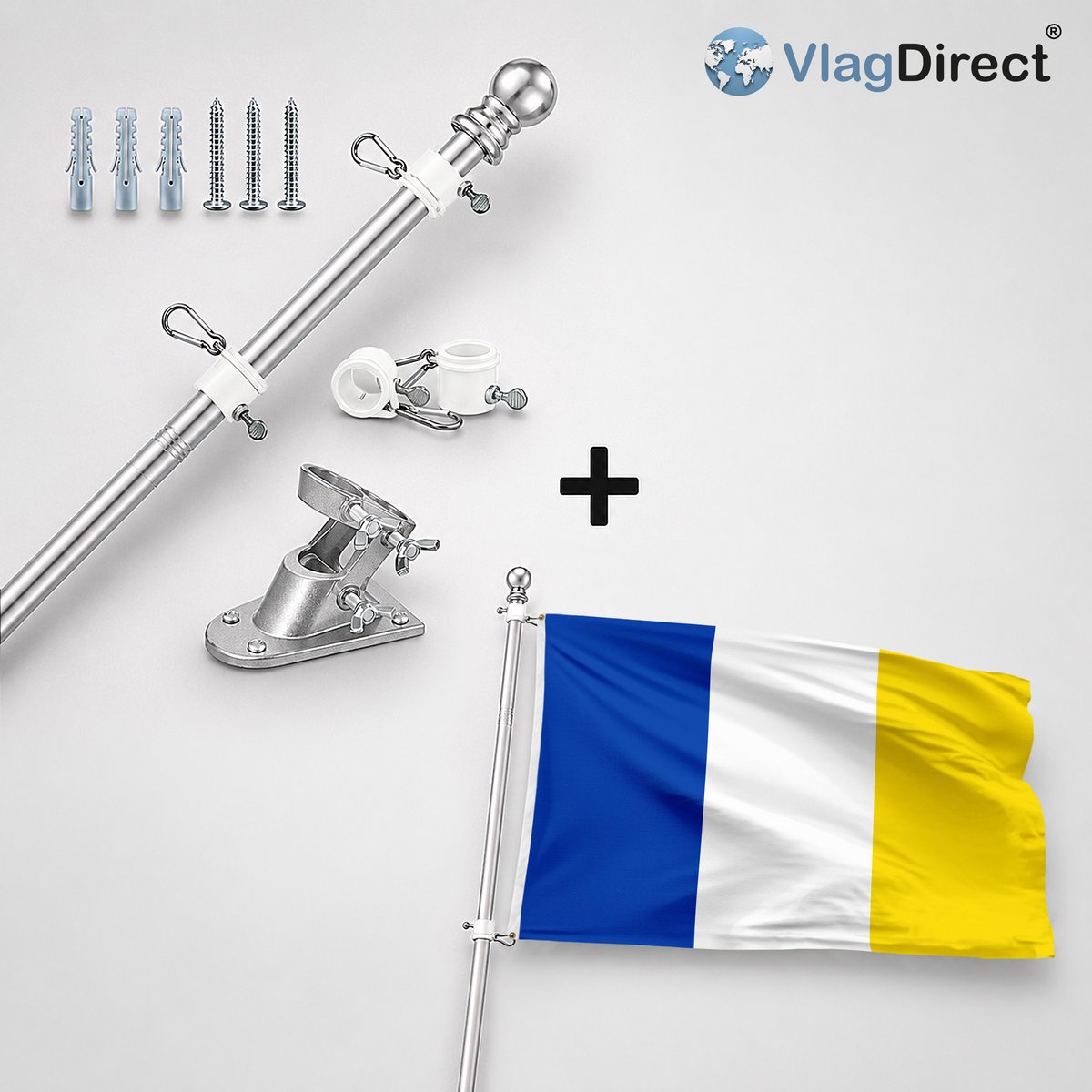 VlagDirect - Compleet vlaggenpakket - Zilveren vlaggenstok inclusief vlaggenstokhouder + Gemeente Stavelot vlag - 90 x 150 cm.