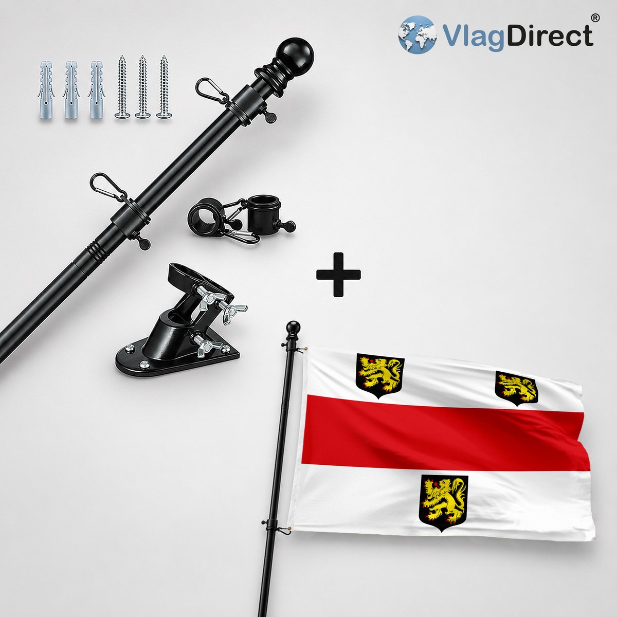 VlagDirect - Compleet vlaggenpakket - Zwarte vlaggenstok inclusief vlaggenstokhouder + Bierbeekse vlag - Gemeente Bierbeek vlag - 90 x 150 cm.