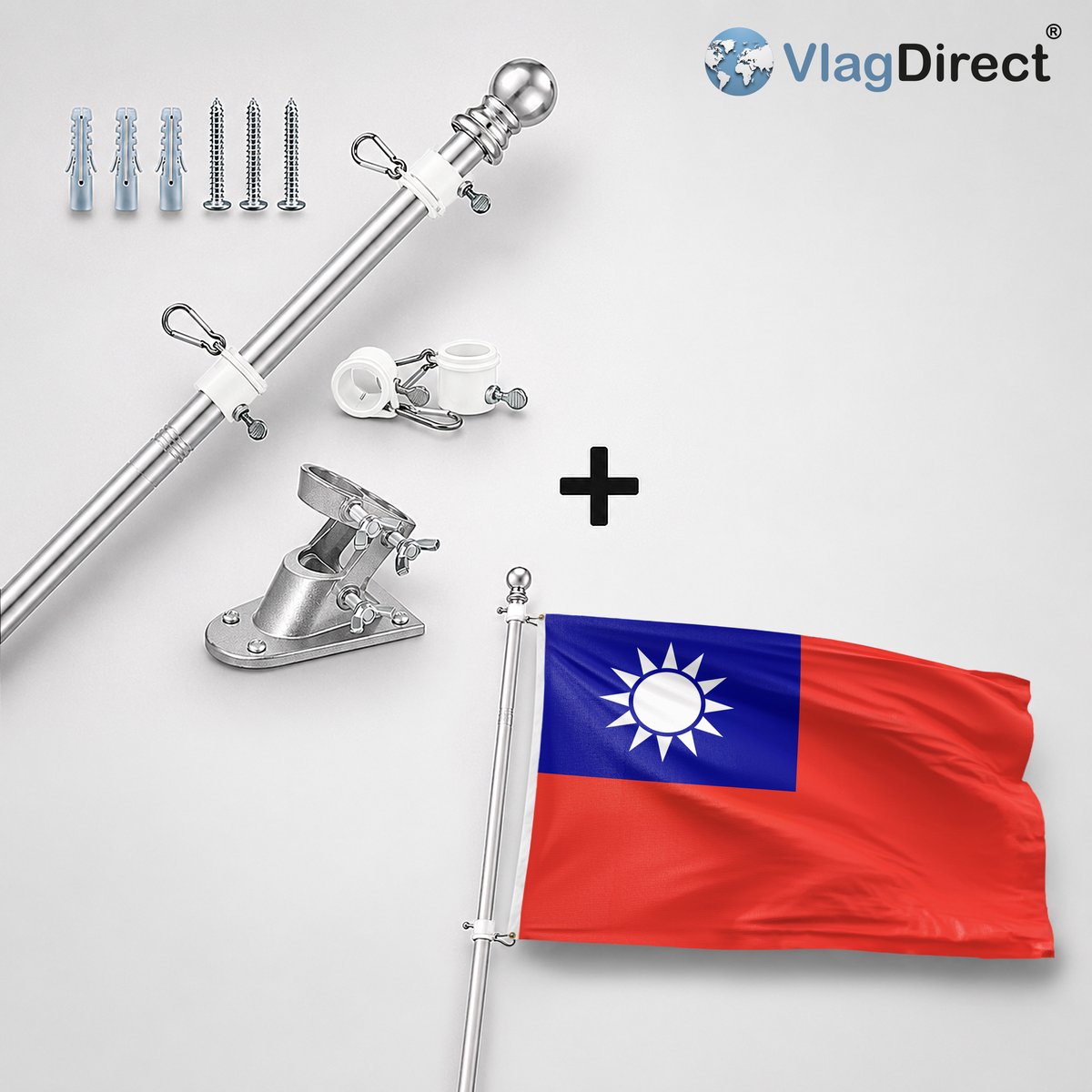VlagDirect - Compleet vlaggenpakket - Zilveren vlaggenstok inclusief vlaggenstokhouder + Taiwanese vlag - Taiwan vlag - 90 x 150 cm.