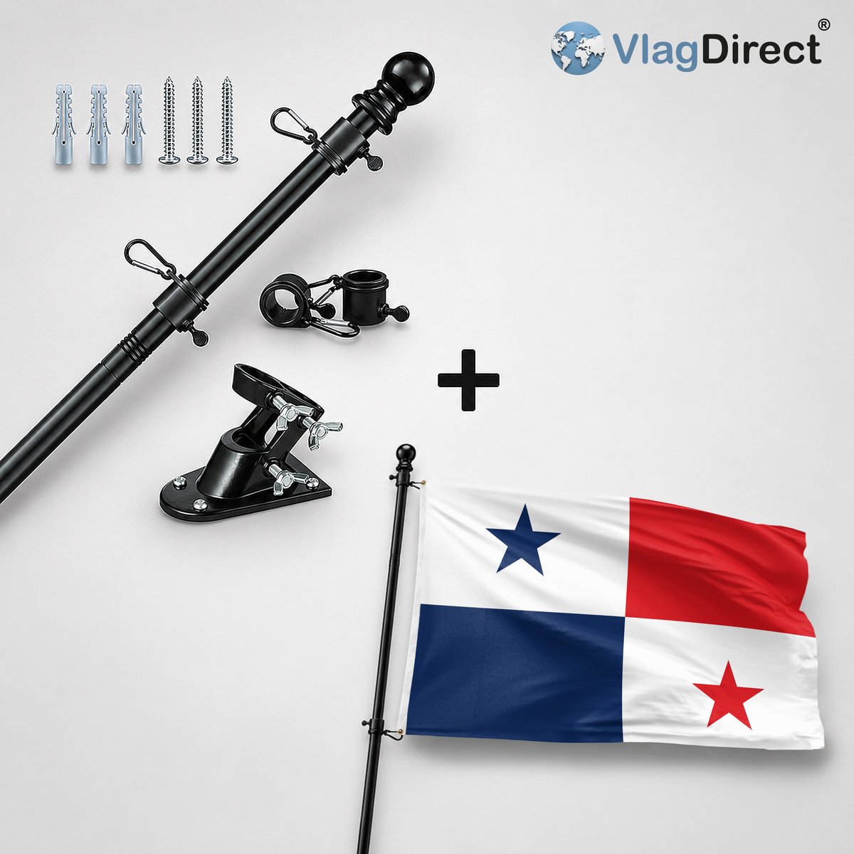 VlagDirect - Compleet vlaggenpakket - Zwarte vlaggenstok inclusief vlaggenstokhouder + Panamese vlag - Panama vlag - 90 x 150 cm.