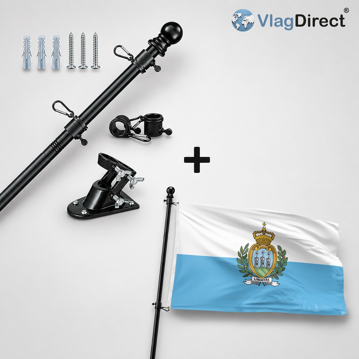 VlagDirect - Compleet vlaggenpakket - Zwarte vlaggenstok inclusief vlaggenstokhouder + San Marinese vlag - San Marino vlag - 90 x 150 cm
