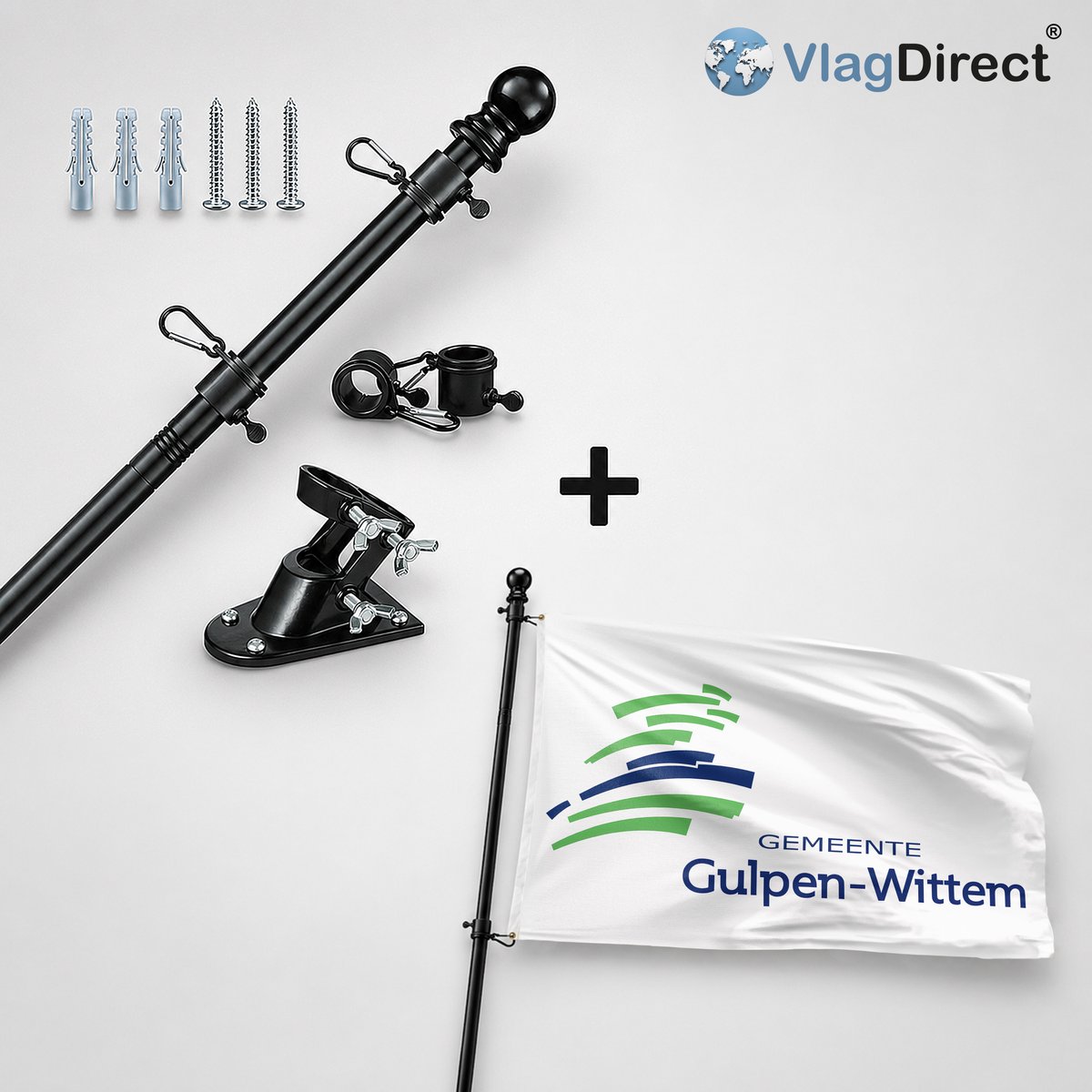 VlagDirect - Compleet vlaggenpakket - Zwarte vlaggenstok inclusief vlaggenstokhouder + Gulpen-Wittem vlag - Gemeente Gulpen-Wittem vlag - 90 x 150 cm.