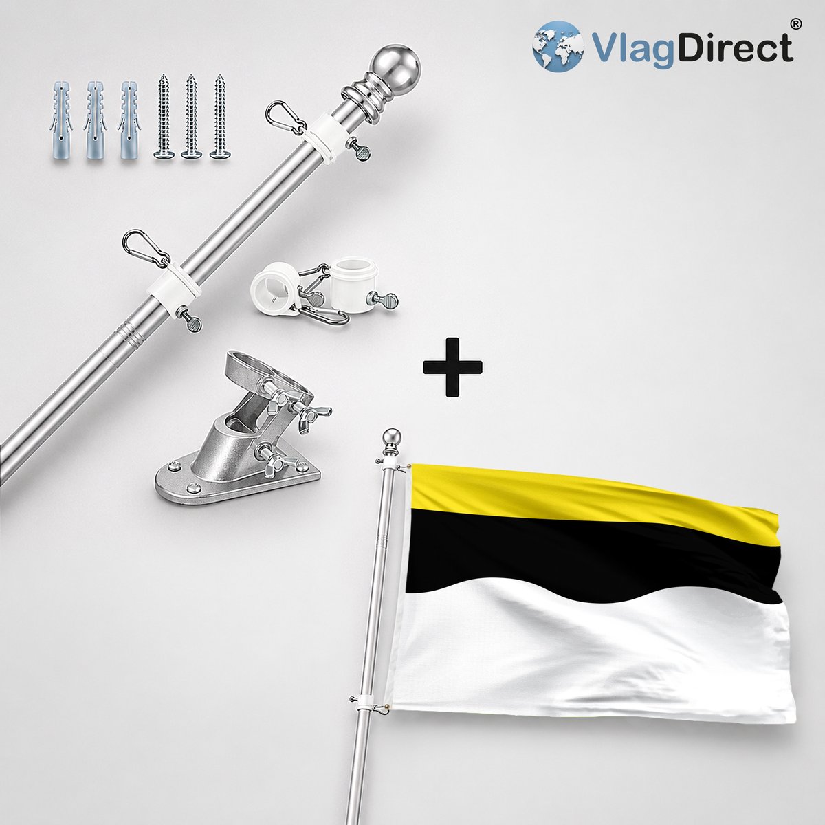 VlagDirect - Compleet vlaggenpakket - Zilveren vlaggenstok inclusief vlaggenstokhouder + Gemeente Ramillies vlag - 90 x 150 cm.