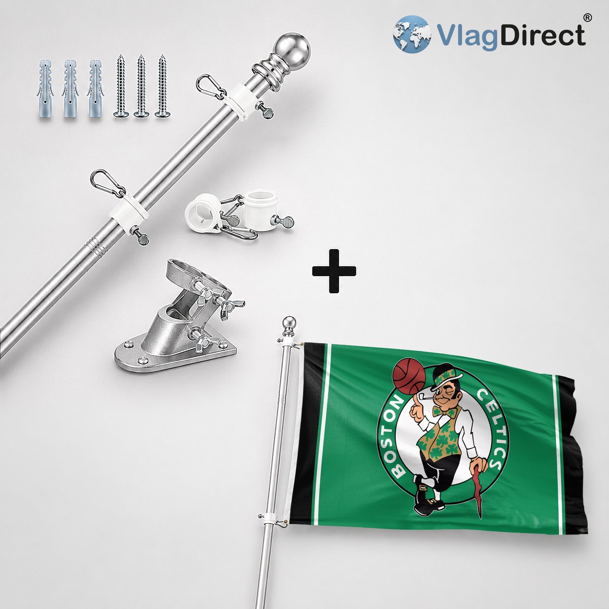 VlagDirect - Compleet vlaggenpakket - Zilveren vlaggenstok inclusief vlaggenstokhouder + Boston Celtics vlag - Boston Celtics basketbalteam vlag - 90 x 150 cm.