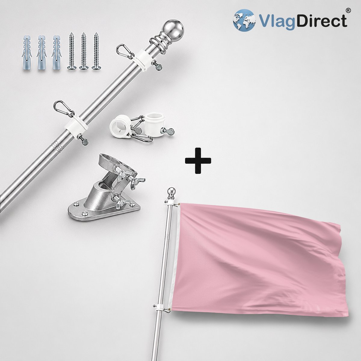 VlagDirect - Compleet vlaggenpakket - Zilveren vlaggenstok inclusief vlaggenstokhouder + Roze vlag - Roze thema vlag - 90 x 150 cm.