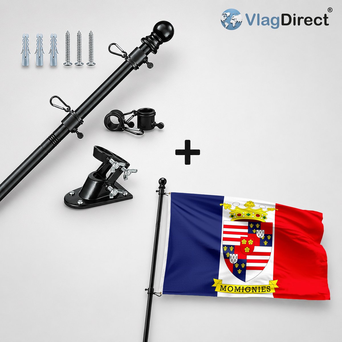 VlagDirect - Compleet vlaggenpakket - Zwarte vlaggenstok inclusief vlaggenstokhouder + Gemeente Momignies vlag - 90 x 150 cm.