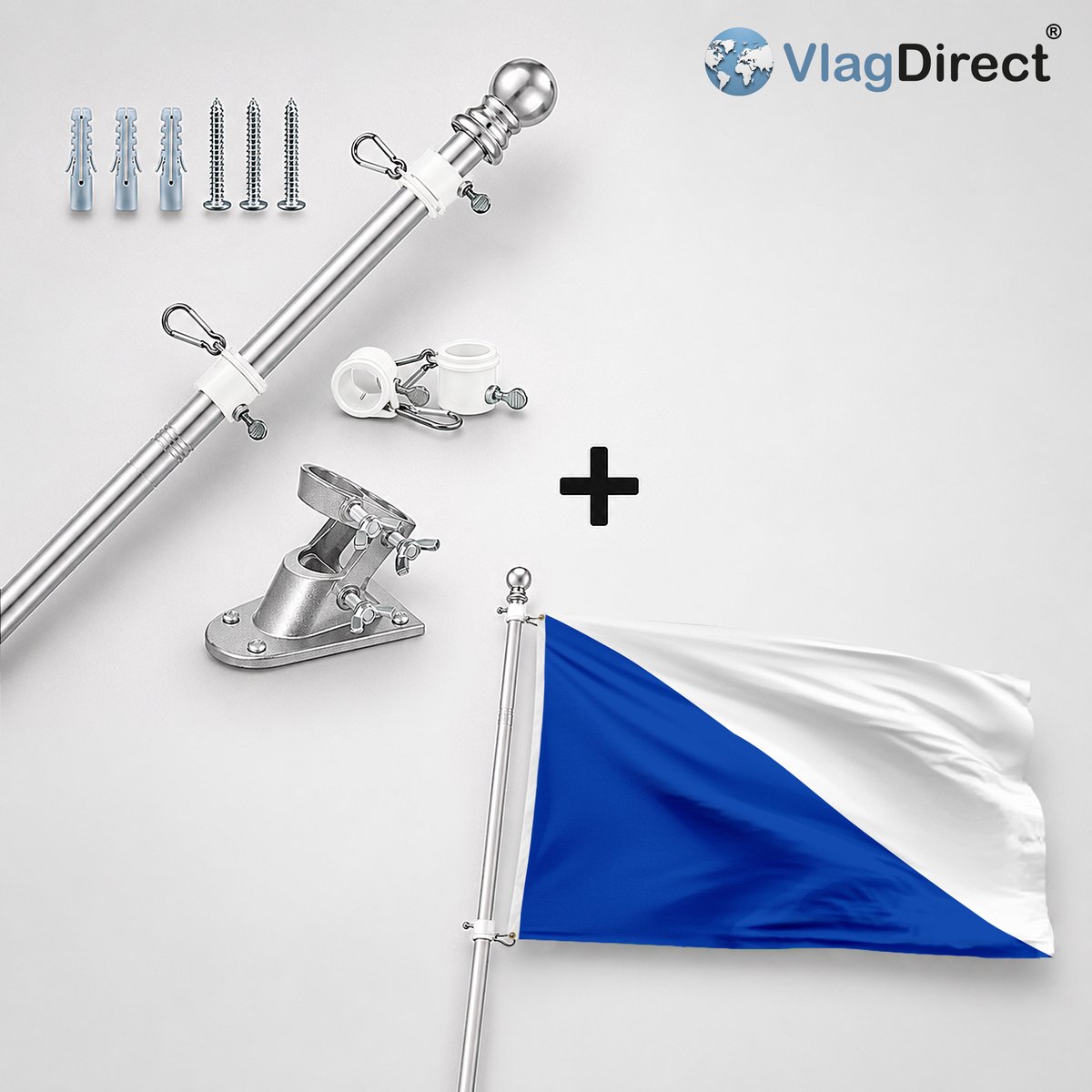 VlagDirect - Compleet vlaggenpakket - Zilveren vlaggenstok inclusief vlaggenstokhouder + Gemeente Leuze-en-Hainaut vlag - 90 x 150 cm.