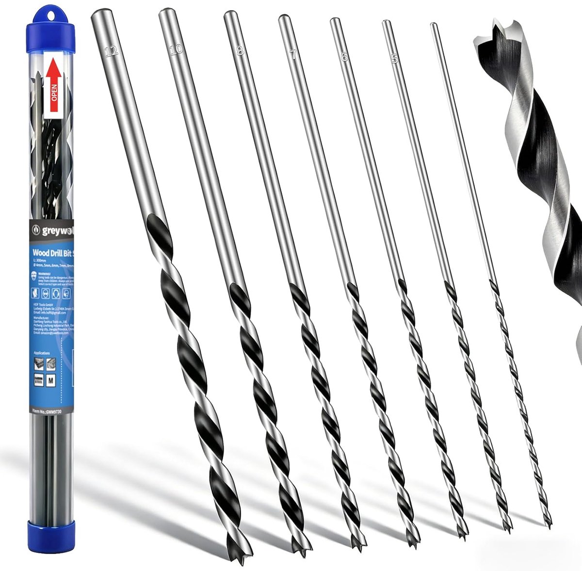 7 stuks lange houtboorset, verlengde middenpositie houtboorset, 300 mm, geschikt voor verschillende houtsoorten - ShopVlot