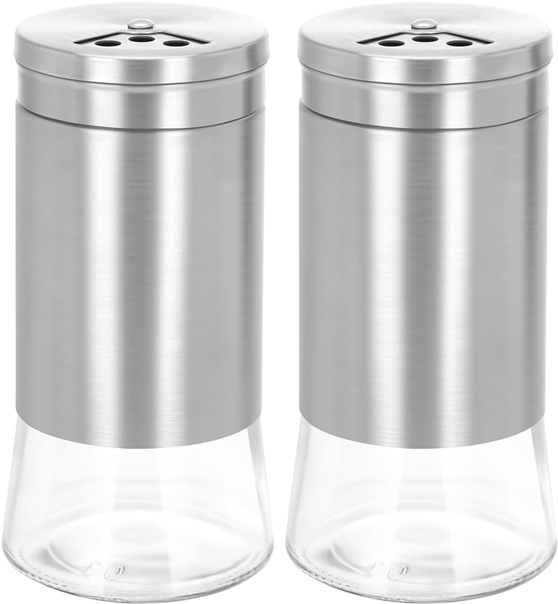 Set of 2 Elegant Refillable Salt and Pepper Shakers Made of Glass with Adjustable Stainless Steel Pouring Hole (Silver) - ShopVlot