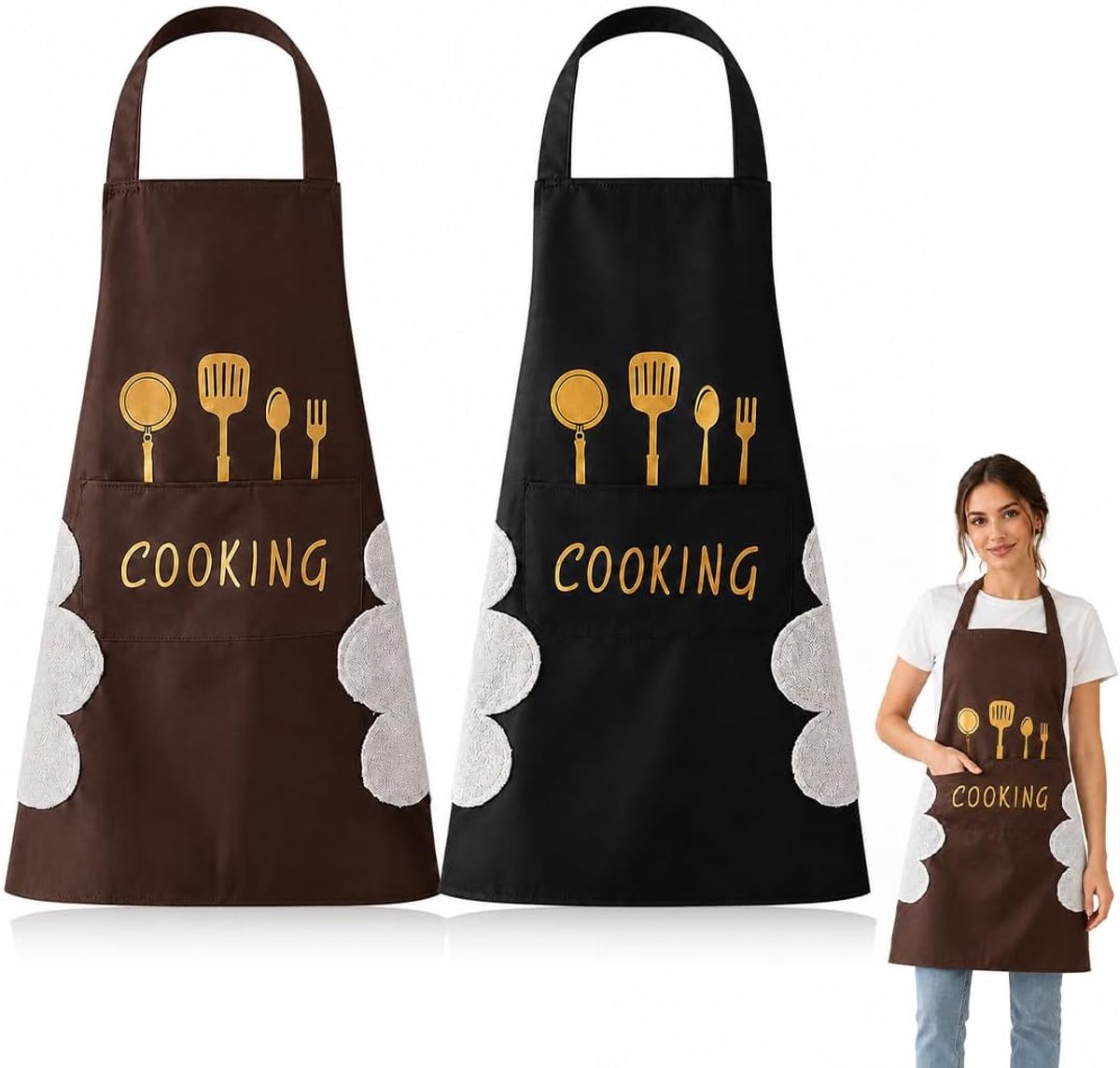 Set van 2 waterdichte en vetwerende keukenschorten, met zak en verstelbare bandjes, zwart/bruin, 75 x 61 cm, voor kok - ShopVlot